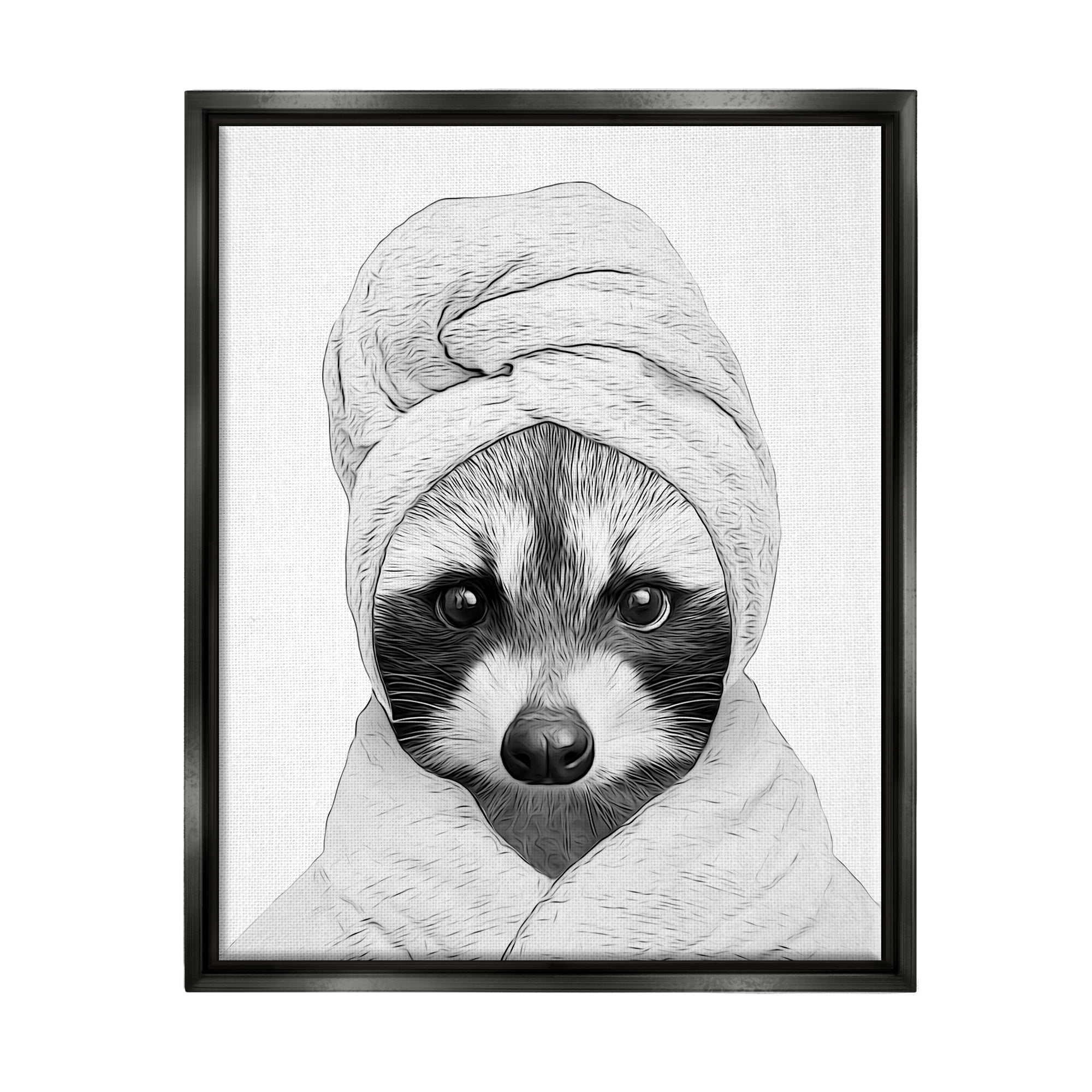Stupell Industries Funny Raccoon Bathrobe Towel Animals & Insects Painting Black Floater Framed Art Print Wall Art