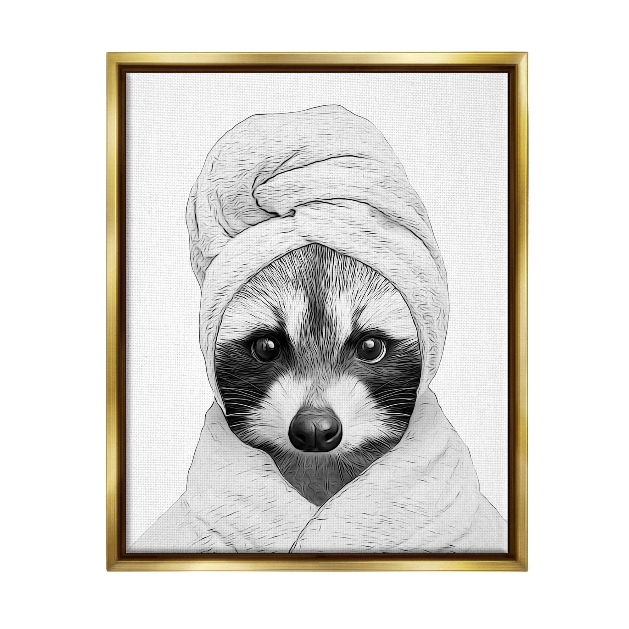 Stupell Industries Funny Raccoon Bathrobe Towel Animals & Insects Painting Gold Floater Framed Art Print Wall Art