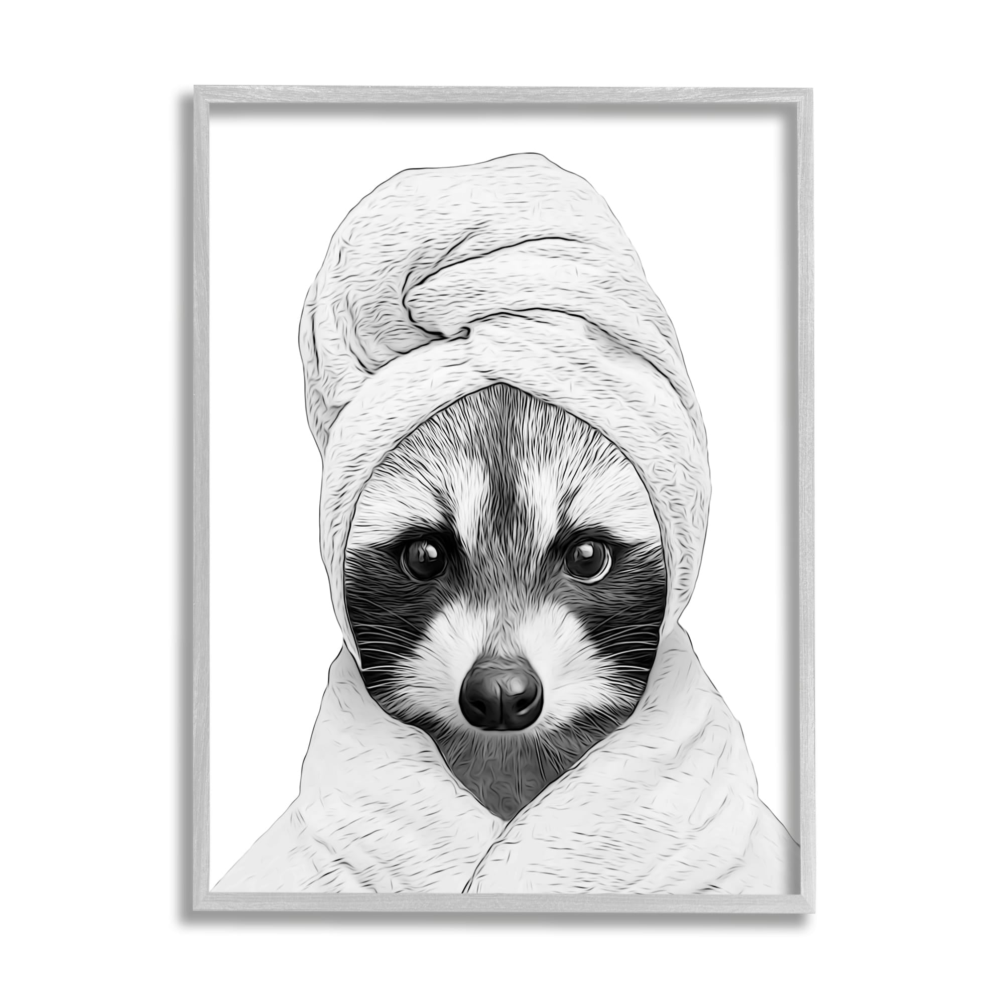 Stupell Industries Funny Raccoon Bathrobe Towel Animals & Insects Painting Gray Framed Art Print Wall Art