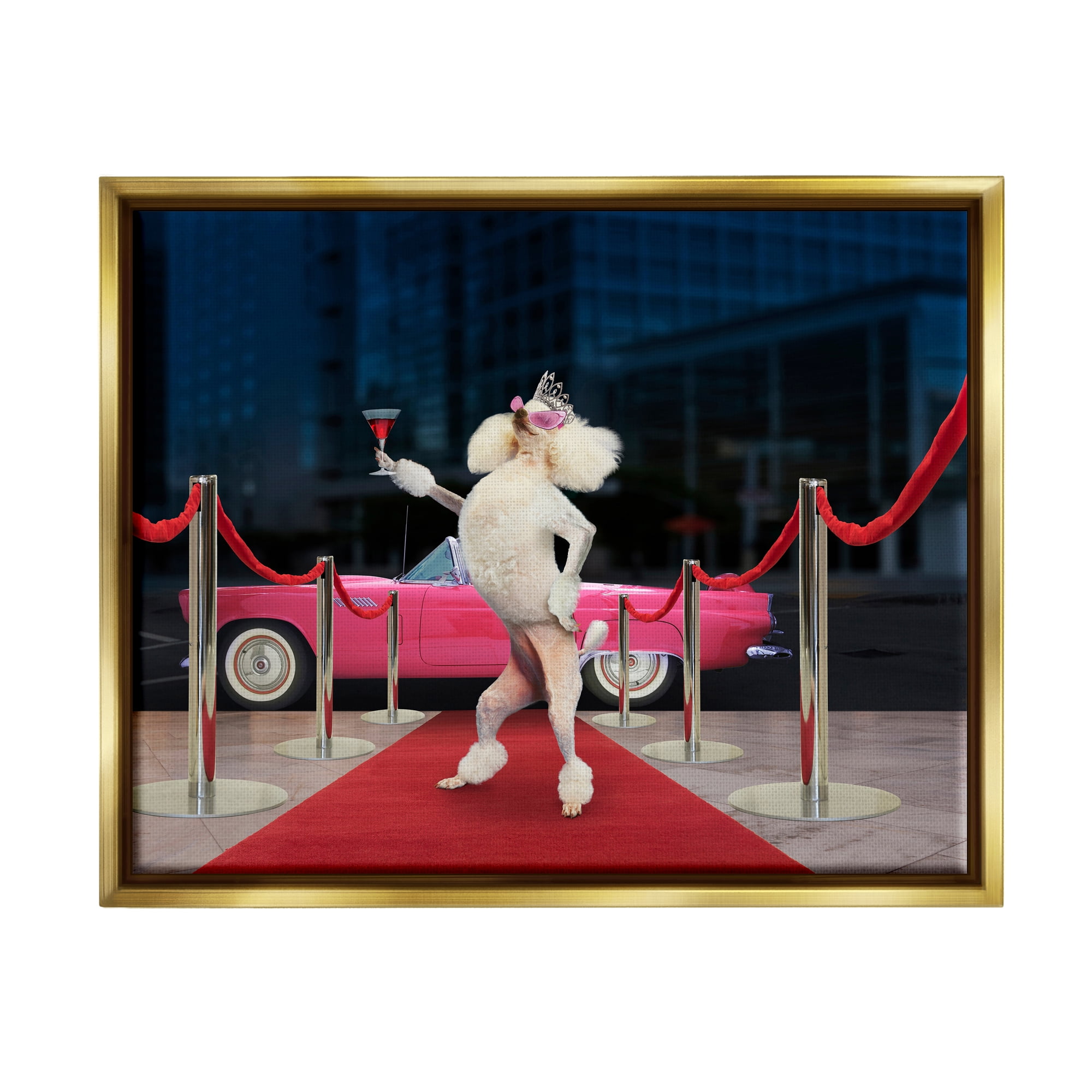Stupell Industries Funny Red Carpet Poodle Animals & Insects Painting Gold Floater Framed Art Print Wall Art, 21 x 17