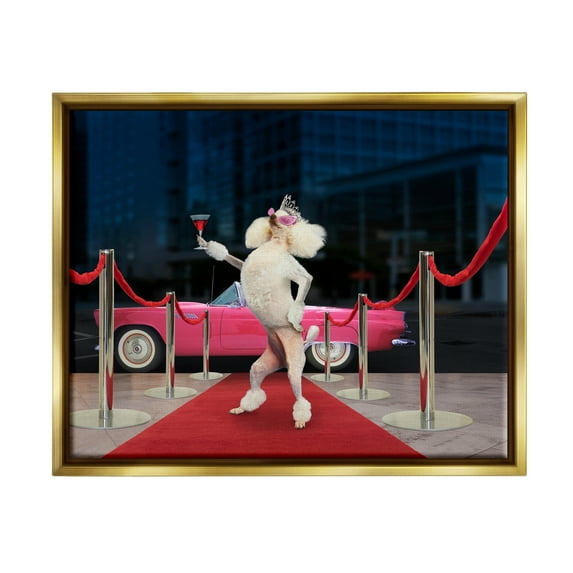 Stupell Industries Funny Red Carpet Poodle Animals & Insects Painting Gold Floater Framed Art Print Wall Art, 31 x 25