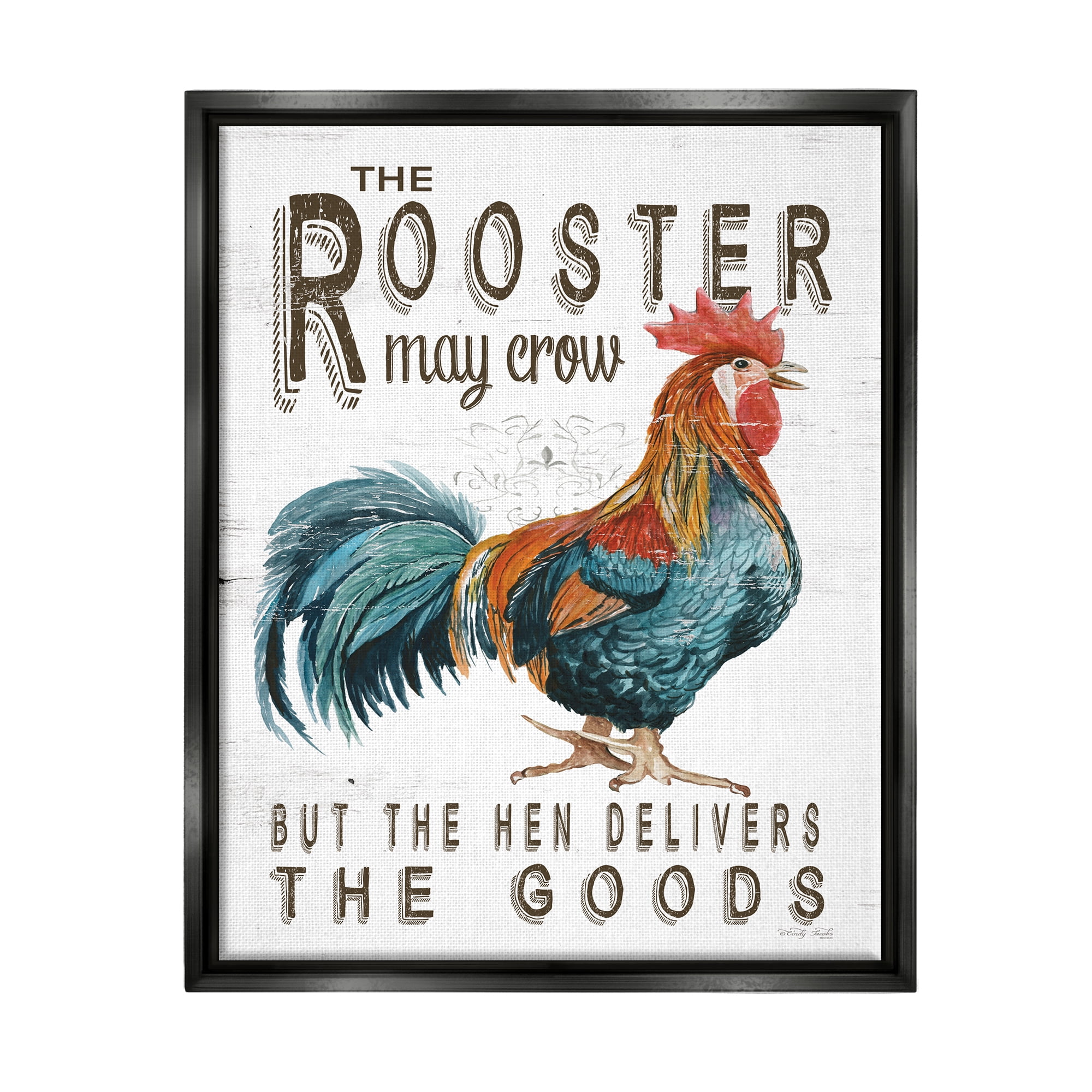 Stupell Industries Funny Rooster & Hen Phrase Botanical & Floral Painting Black Floater Framed Art Print Wall Art, 17 x 21