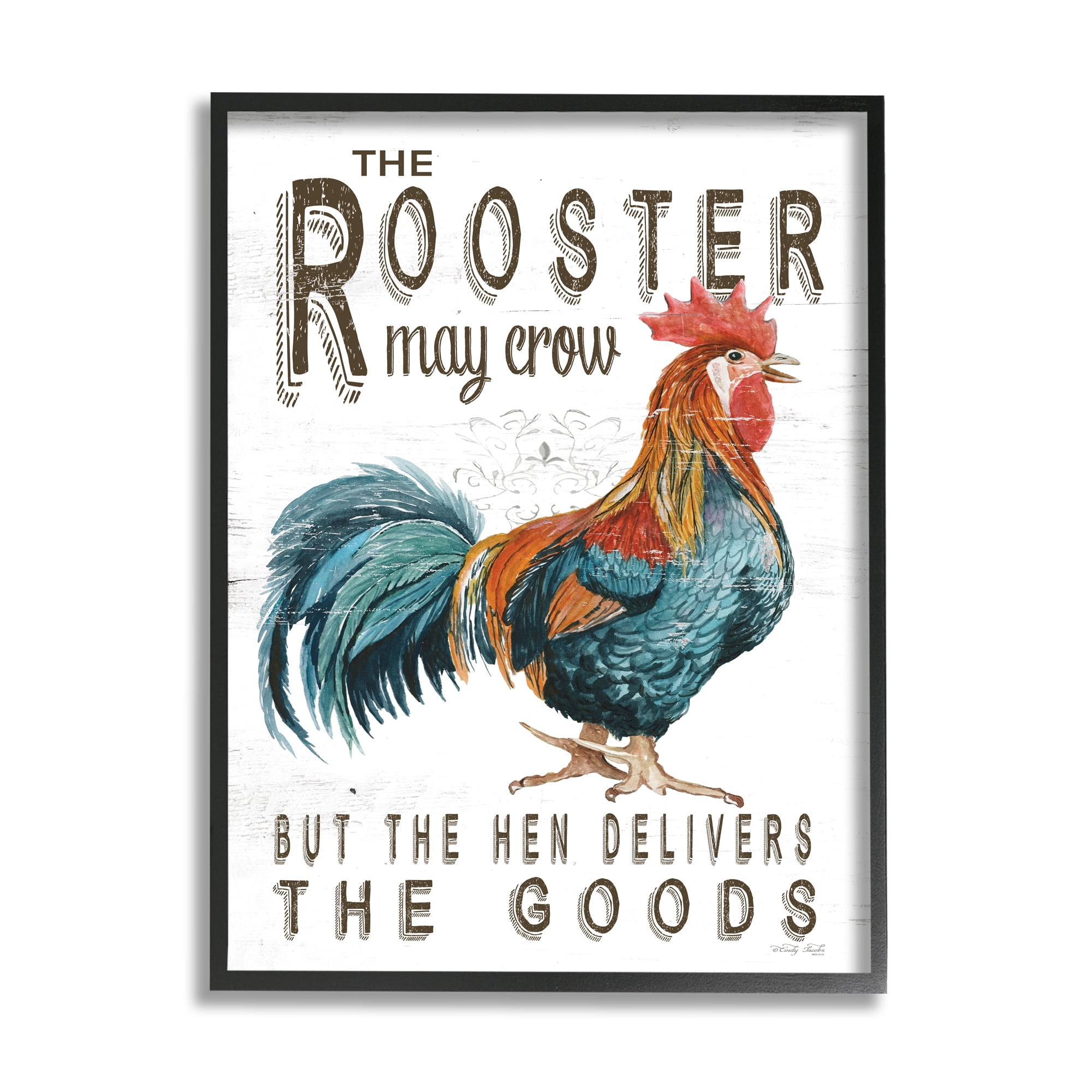 Stupell Industries Funny Rooster & Hen Phrase Botanical & Floral Painting Black Framed Art Print Wall Art, 11 x 14