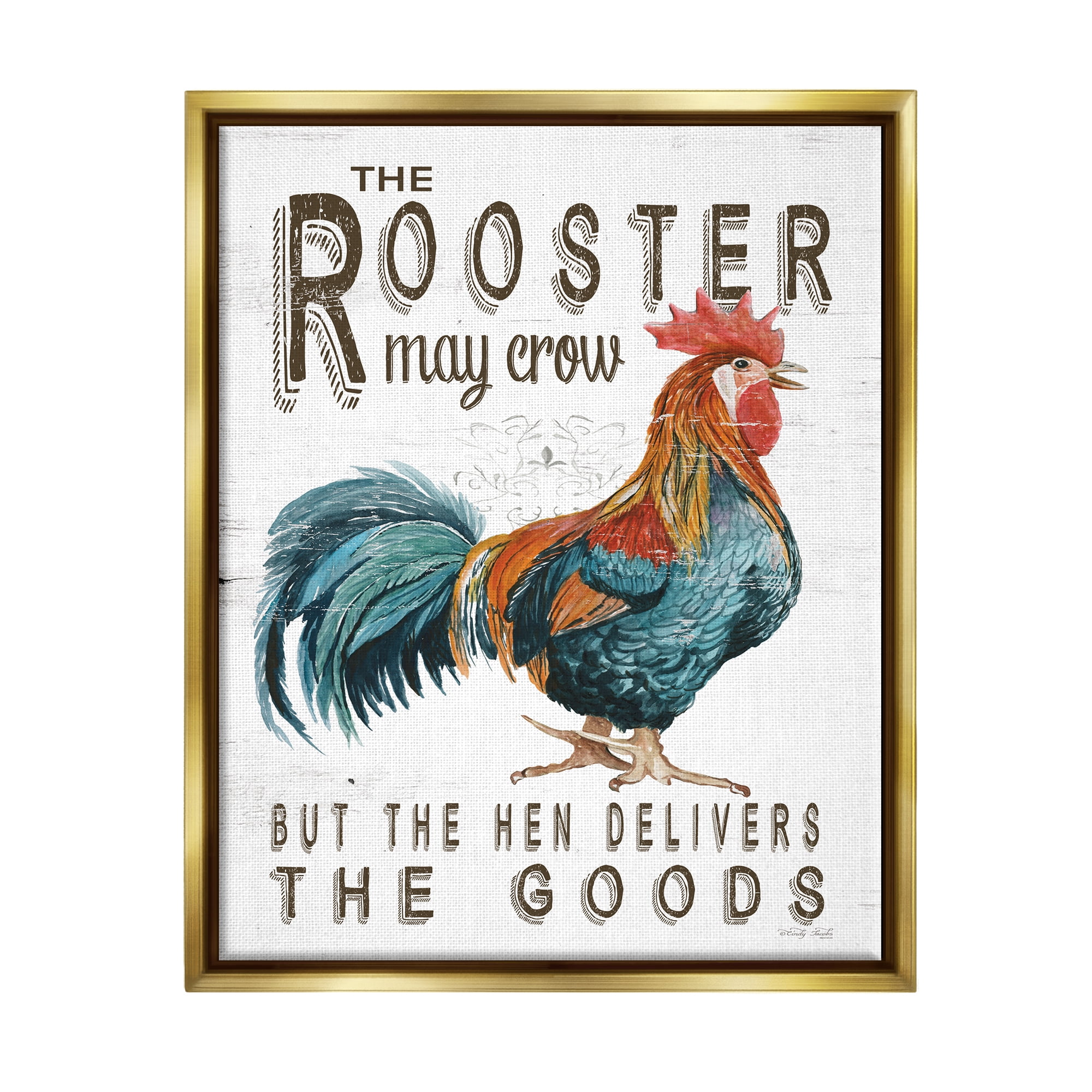 Stupell Industries Funny Rooster & Hen Phrase Botanical & Floral Painting Gold Floater Framed Art Print Wall Art, 17 x 21