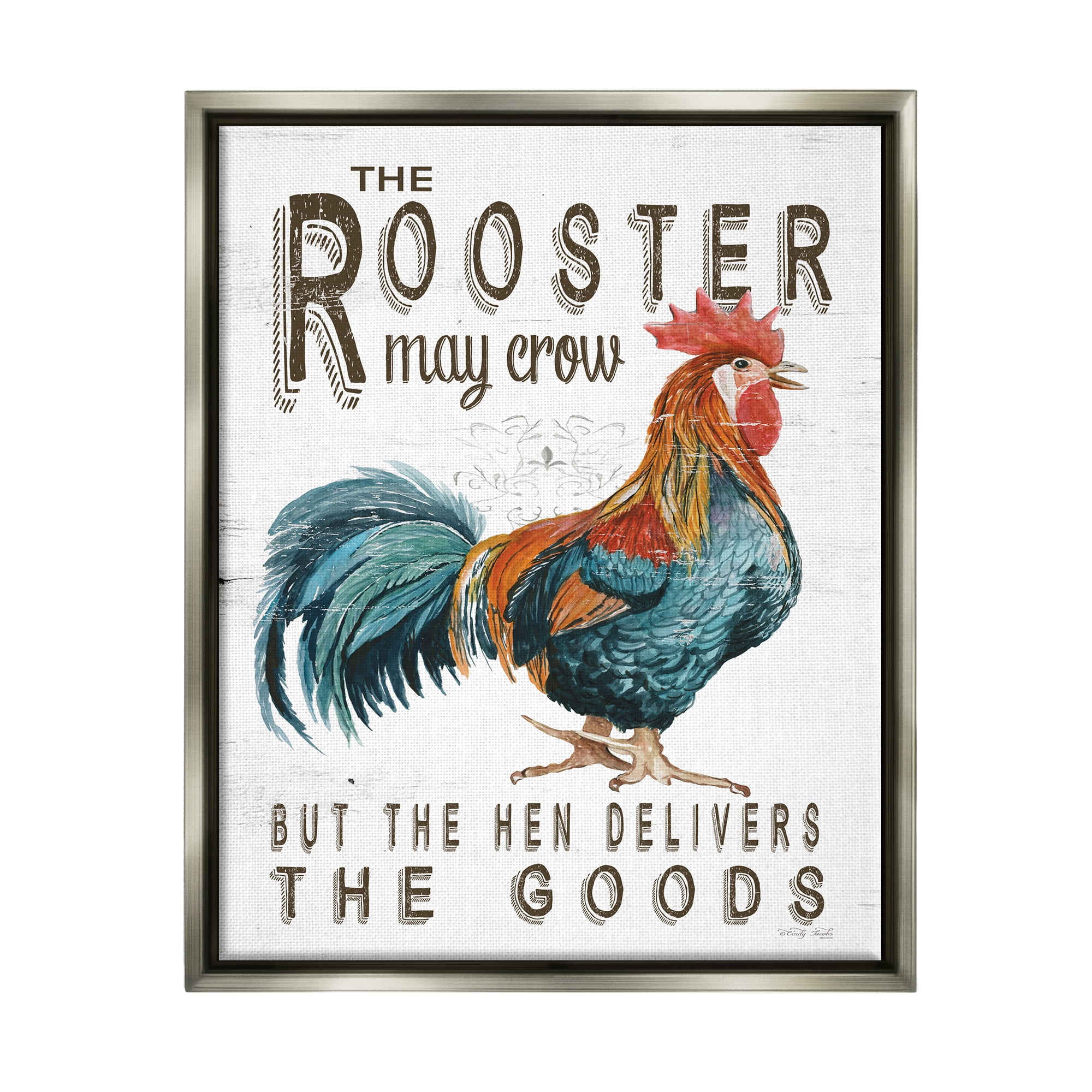 Stupell Industries Funny Rooster & Hen Phrase Botanical & Floral Painting Gray Floater Framed Art Print Wall Art, 25 x 31