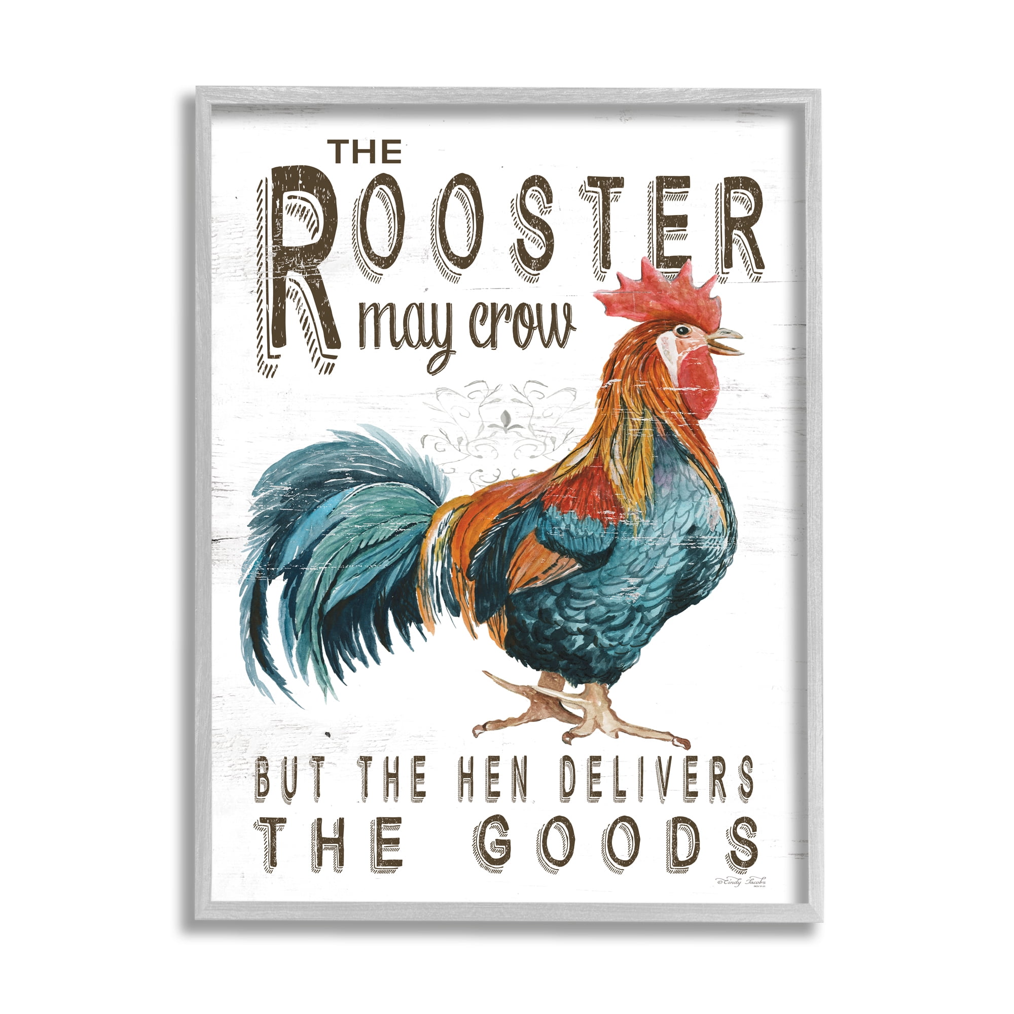 Stupell Industries Funny Rooster & Hen Phrase Botanical & Floral Painting Gray Framed Art Print Wall Art, 24 x 30