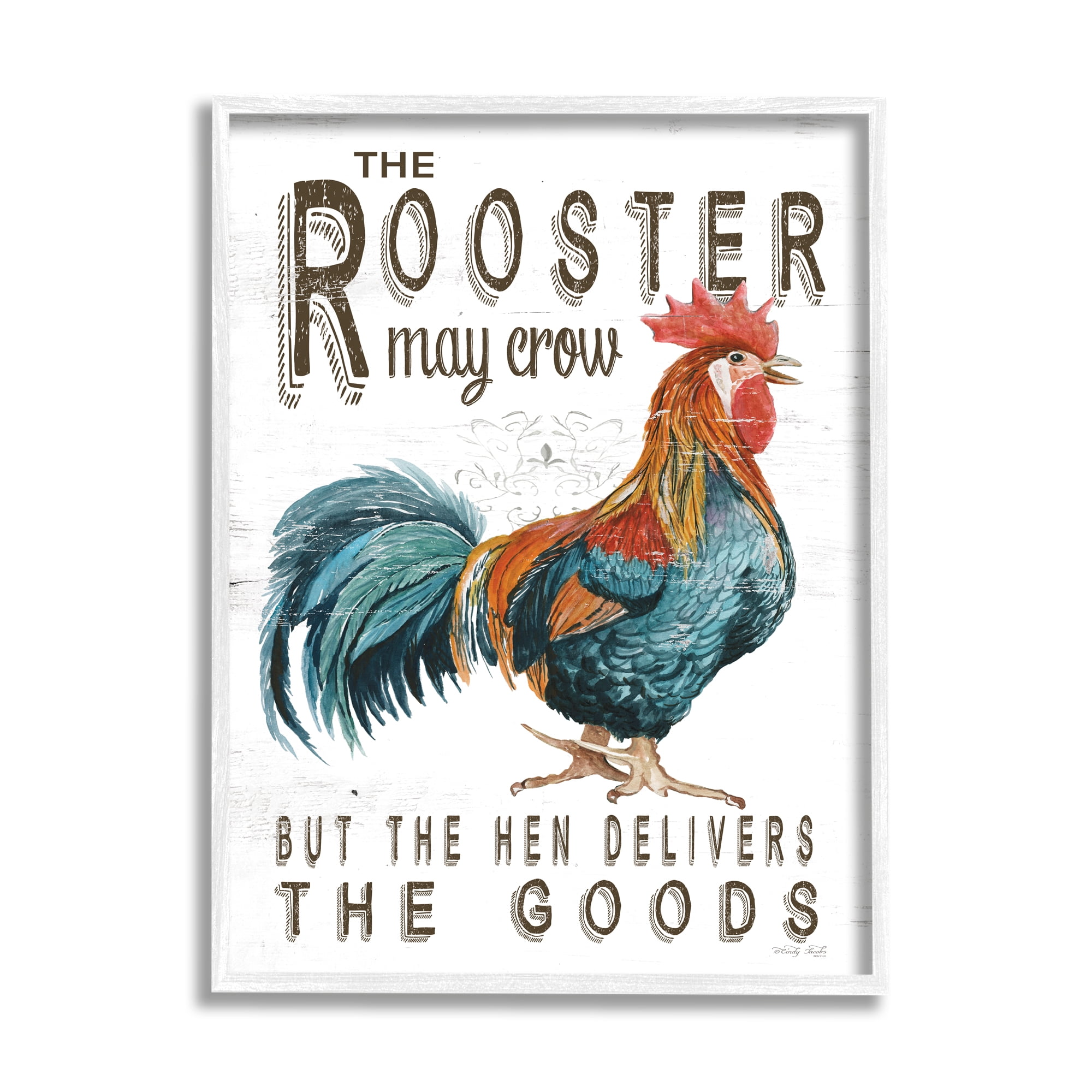 Stupell Industries Funny Rooster & Hen Phrase Botanical & Floral Painting White Framed Art Print Wall Art, 24 x 30