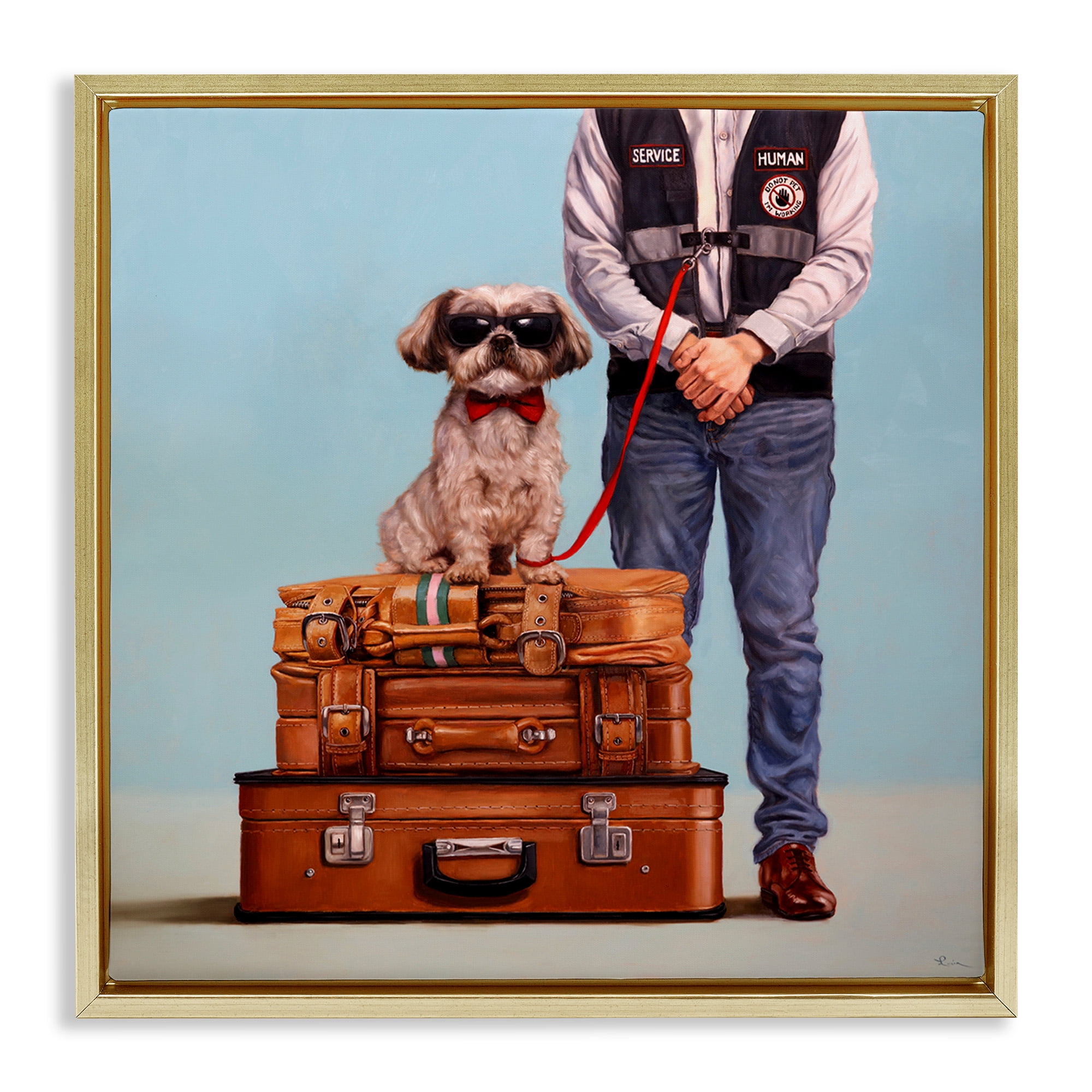 Stupell Industries Funny Service Human Dog Animals & Insects Painting Gold Floater Framed Canvas Art Print Wall Art, 18 x 18