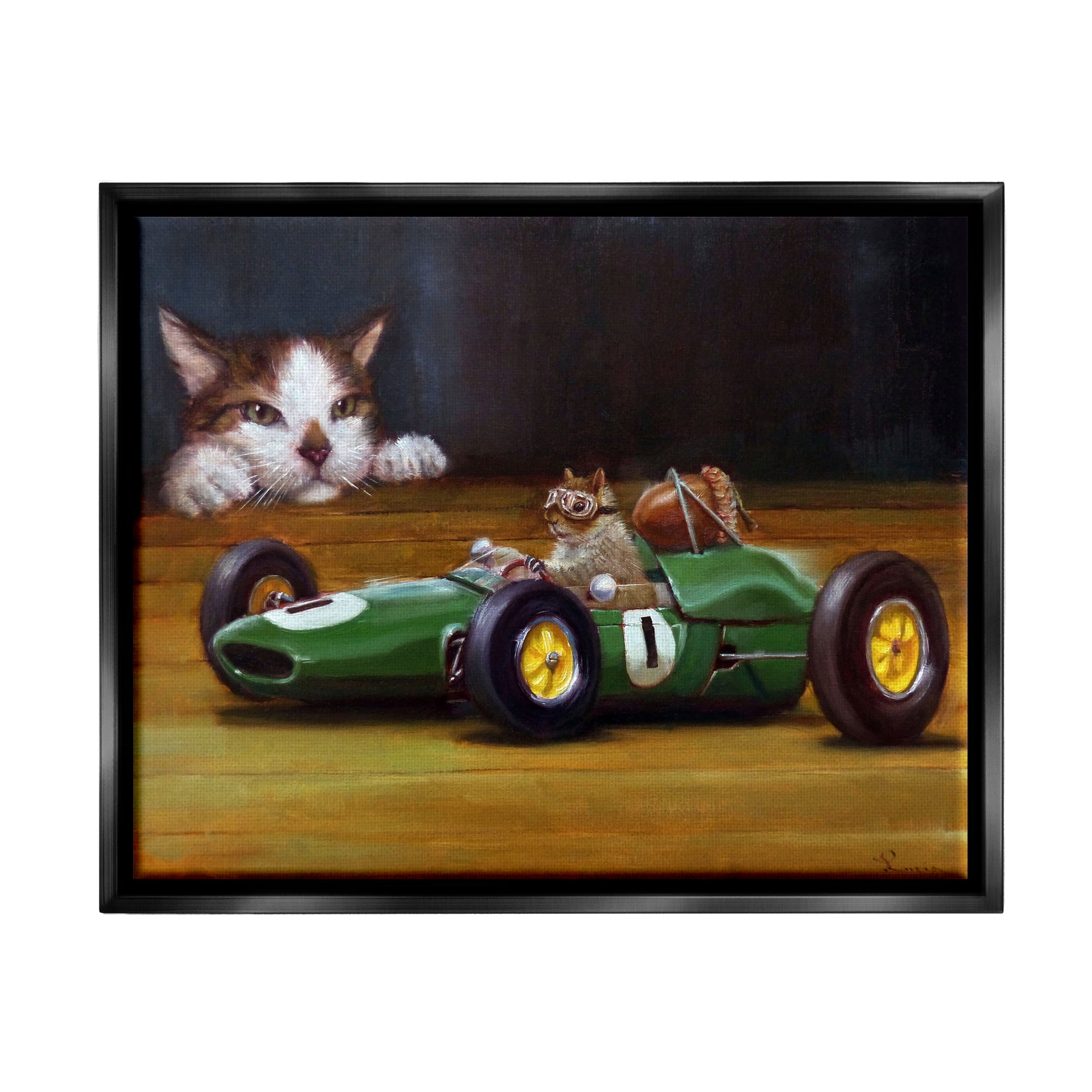 Stupell Industries Funny Squirrel in Race Car Animals & Insects Painting Black Floater Framed Art Print Wall Art, 21 x 17