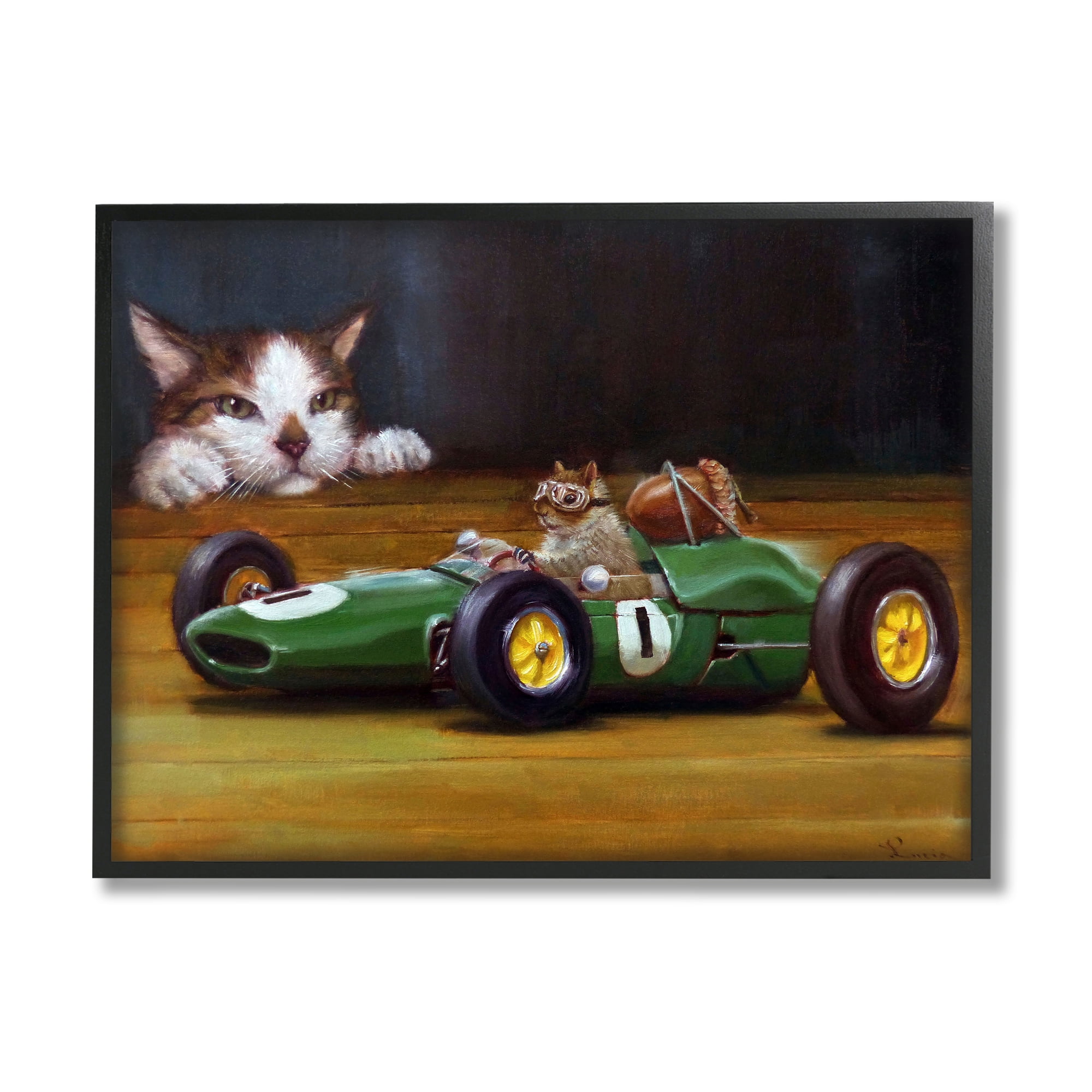 Stupell Industries Funny Squirrel in Race Car Animals & Insects Painting Black Framed Art Print Wall Art, 20 x 16
