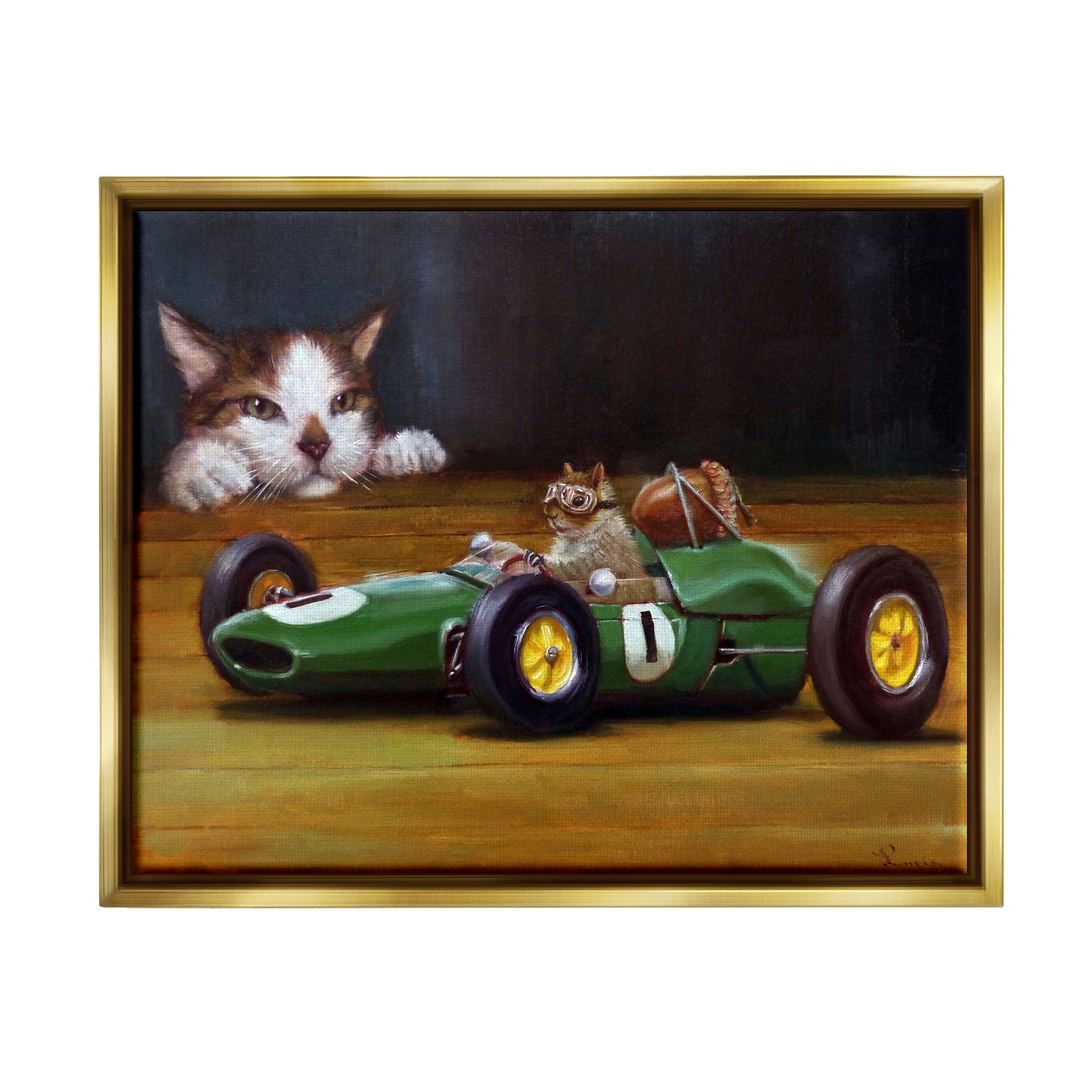 Stupell Industries Funny Squirrel in Race Car Animals & Insects Painting Gold Floater Framed Art Print Wall Art, 31 x 25