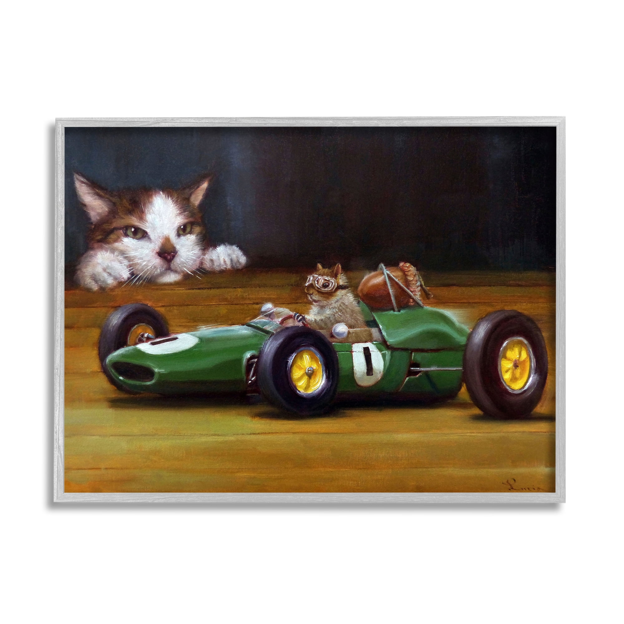 Stupell Industries Funny Squirrel in Race Car Animals & Insects Painting Gray Framed Art Print Wall Art, 14 x 11