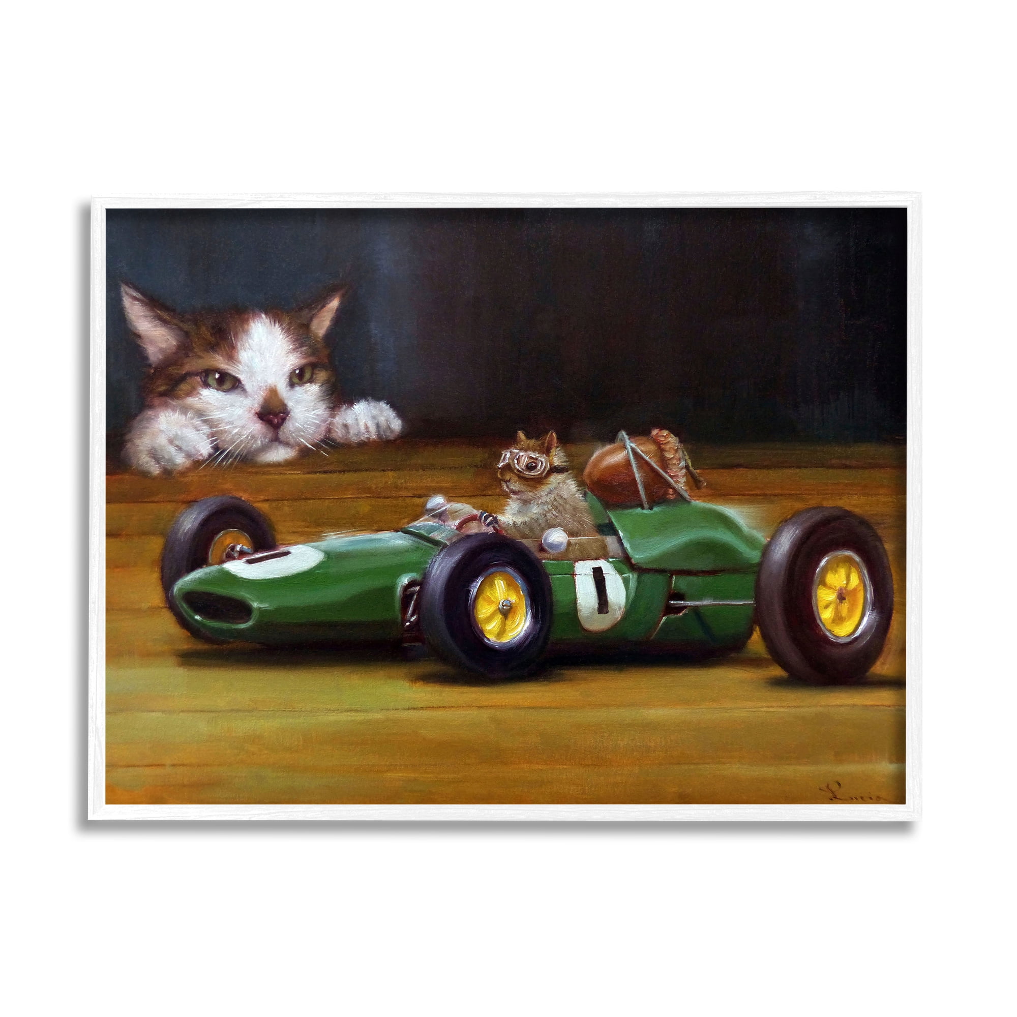 Stupell Industries Funny Squirrel in Race Car Animals & Insects Painting White Framed Art Print Wall Art, 14 x 11