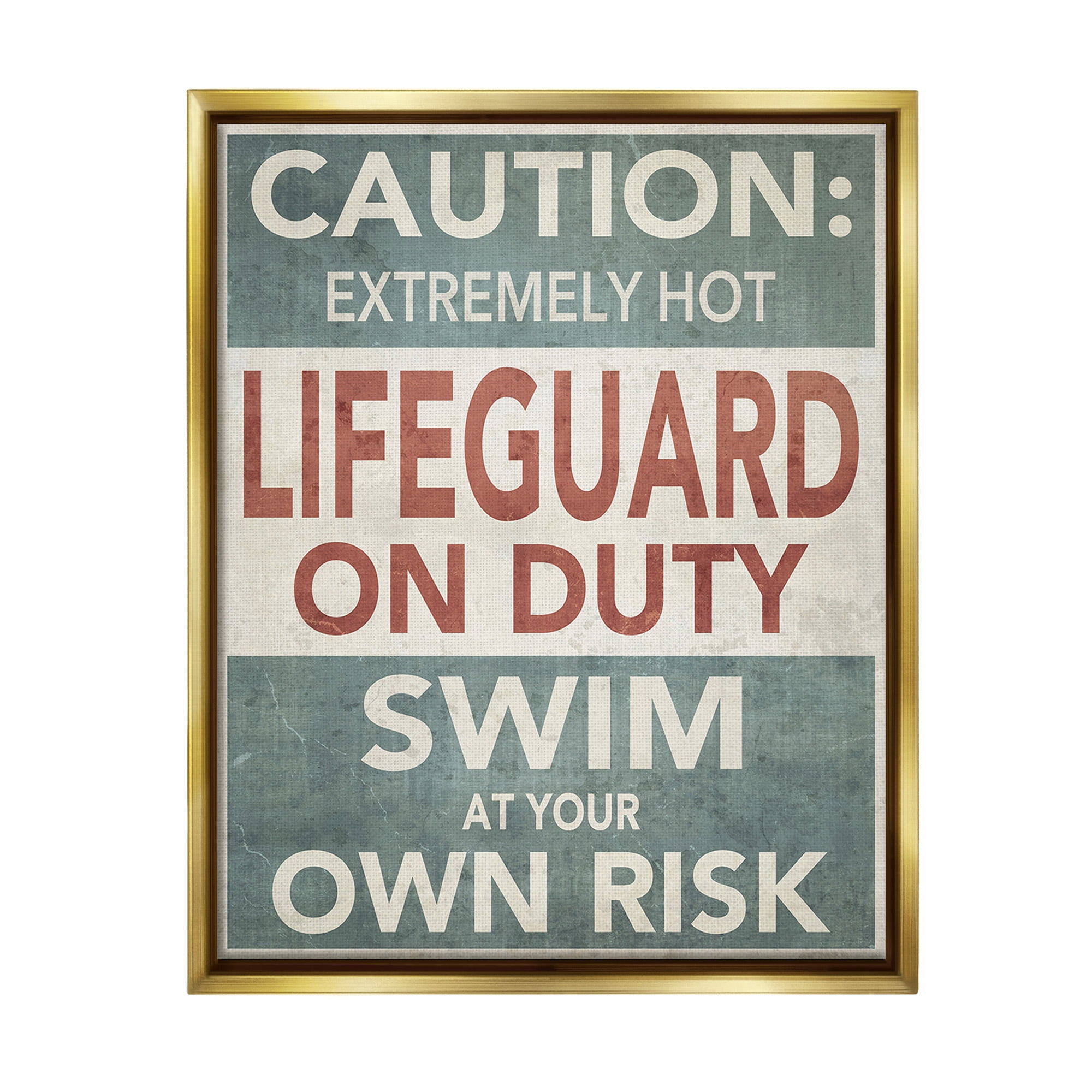 Stupell Industries Funny Swim at Own Risk Typography Painting Gold Floater Framed Canvas Art Print Wall Art, 17 x 21