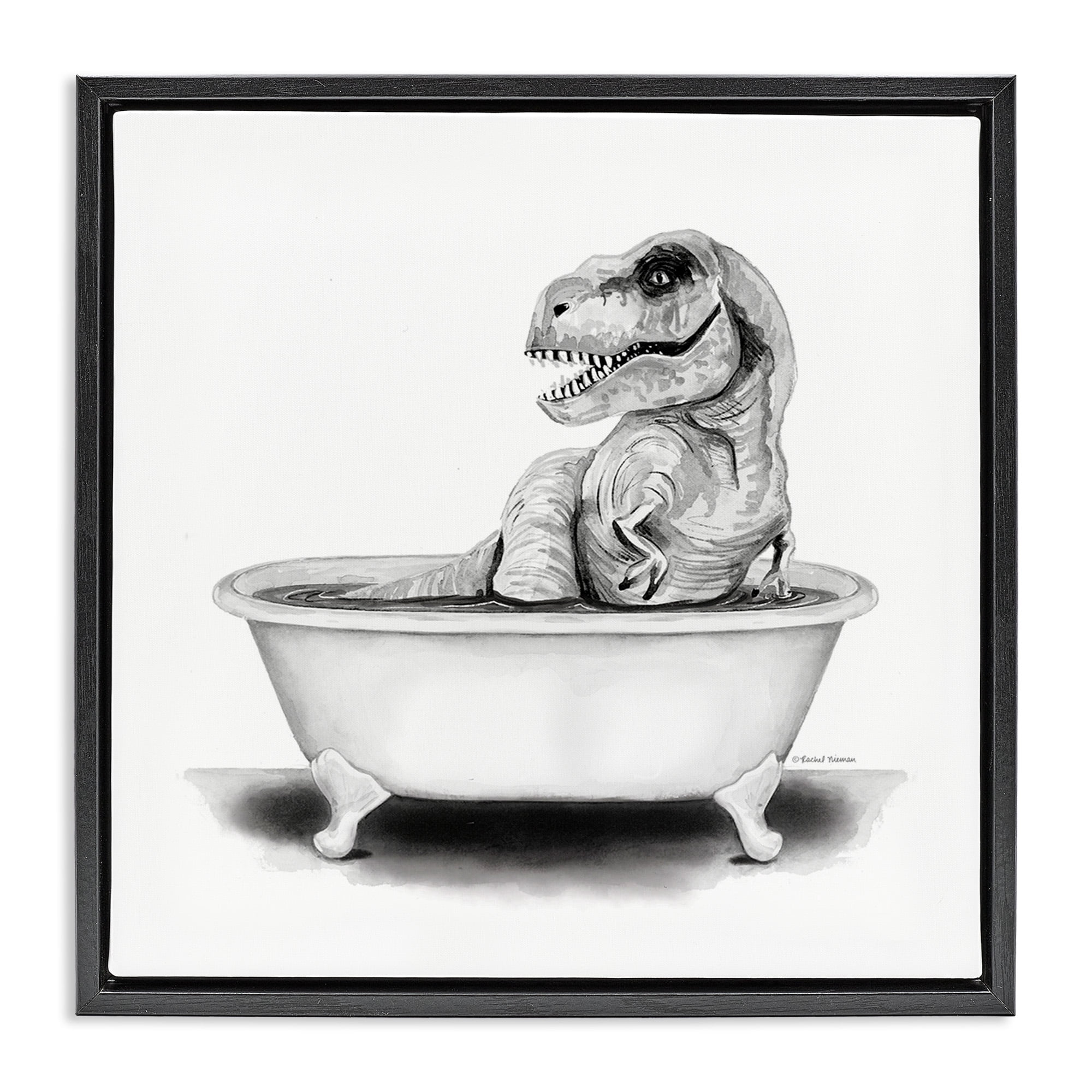 Stupell Industries Funny T-Rex Bathtub Washroom Animals & Insects Painting Black Floater Framed Canvas Art Print Wall Art, 18 x 18