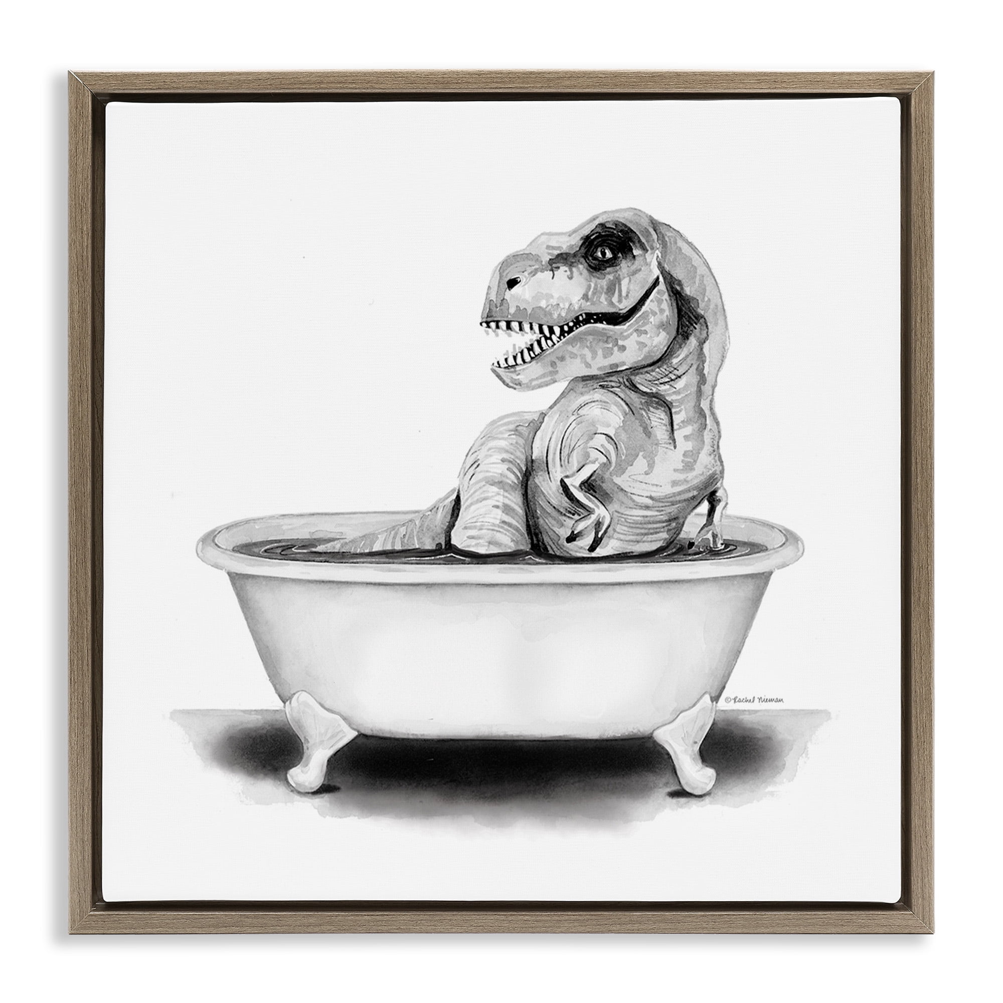 Stupell Industries Funny T-Rex Bathtub Washroom Animals & Insects Painting Brown Floater Framed Canvas Art Print Wall Art, 25 x 25
