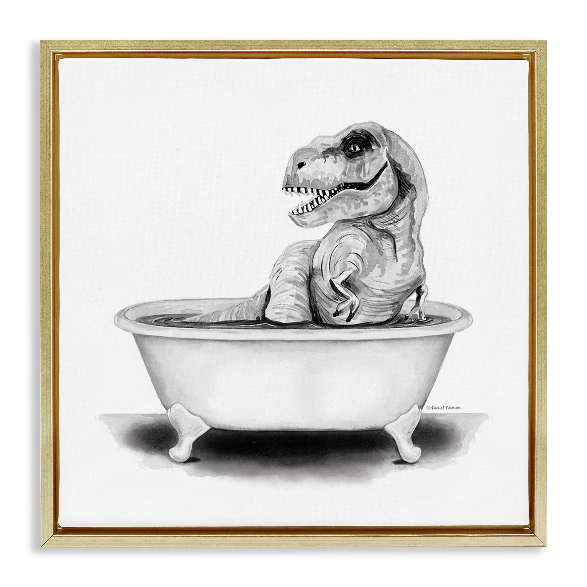 Stupell Industries Funny T-Rex Bathtub Washroom Animals & Insects Painting Gold Floater Framed Canvas Art Print Wall Art, 25 x 25