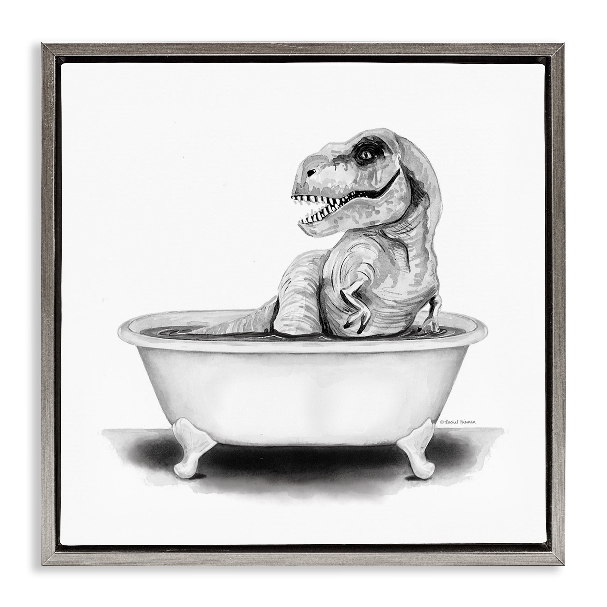 Stupell Industries Funny T-Rex Bathtub Washroom Animals & Insects Painting Gray Floater Framed Canvas Art Print Wall Art, 18 x 18