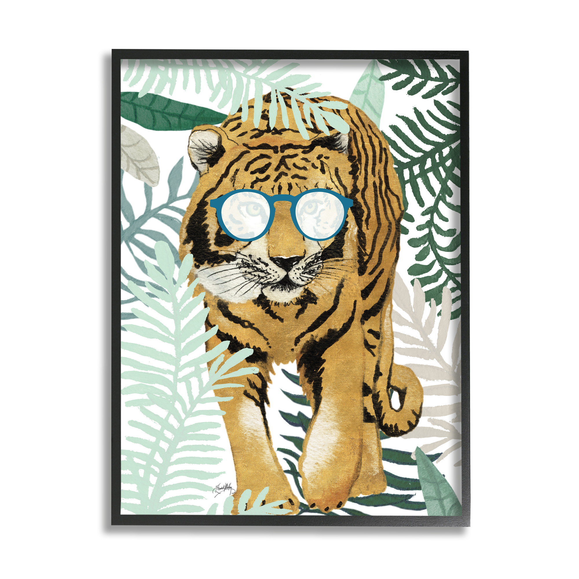Stupell Industries Funny Tiger Wearing Glasses Green Fern Leaf Plants Graphic Art Black Framed Art Print Wall Art, 16x20, by Elizabeth Medley