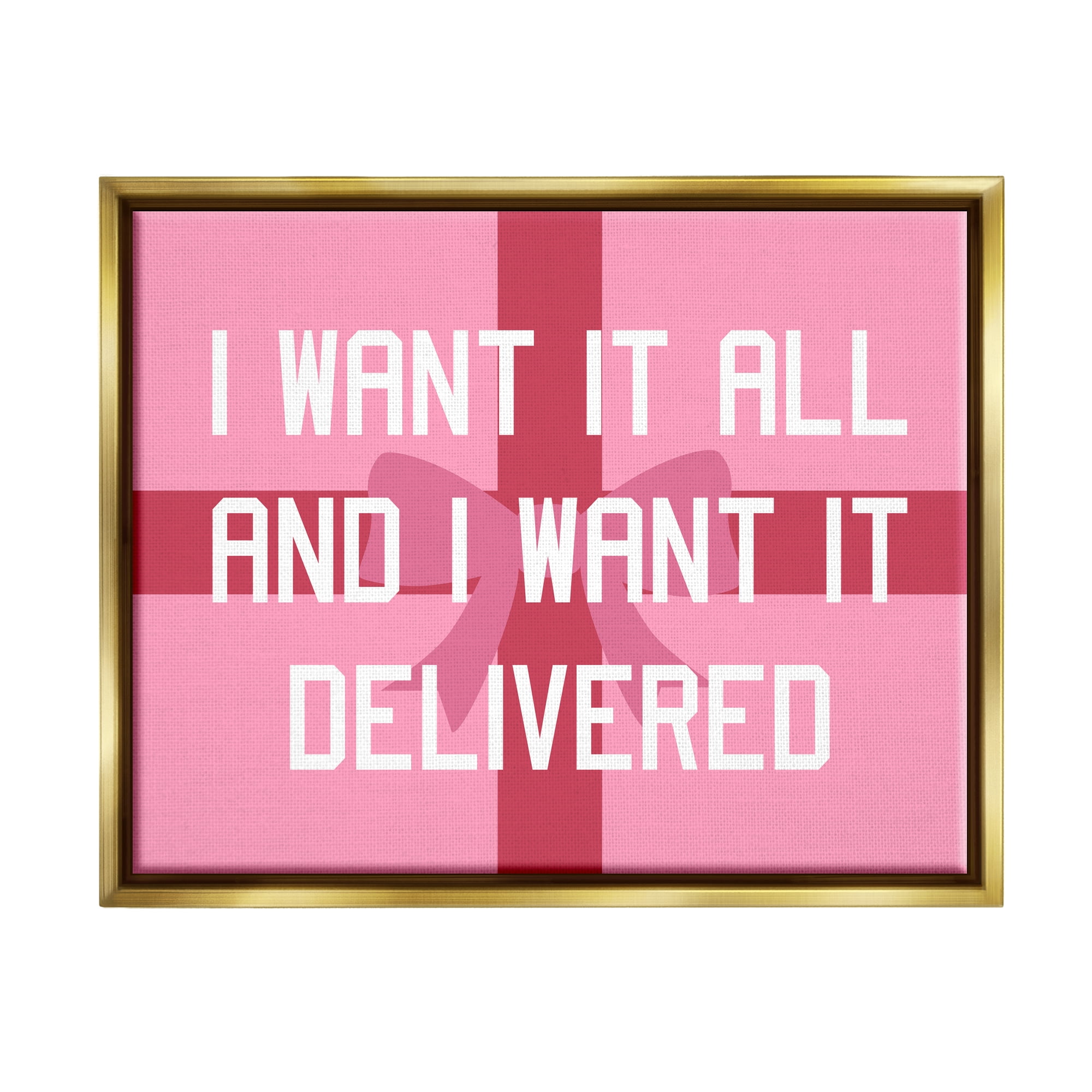 Stupell Industries Funny Want Gifts Delivered Holiday Painting Gold Floater Framed Canvas Art Print Wall Art, 21 x 17