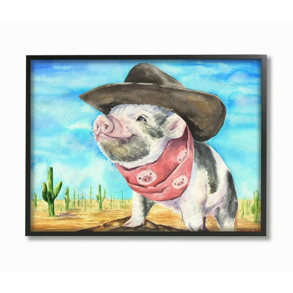 Stupell Industries Funny Wild West Fashion Baby Pig Blue Watercolor Painting Framed Giclee Texturized Art by George Dyachenko