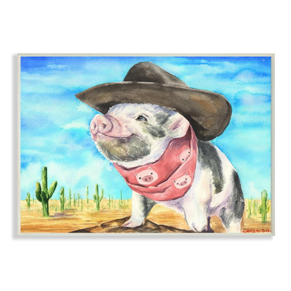 Stupell Industries Funny Wild West Fashion Baby Pig Blue Watercolor Painting Wall Plaque Art by George Dyachenko