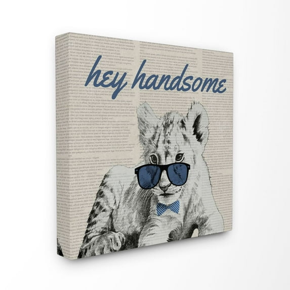 Stupell Industries Funny Word Hey Handsome Shades Sunglasses Baby Lion Large Cat Animal Blue Design Canvas Wall Art by Vivian Rhyan