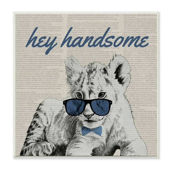 Stupell Industries Funny Word Hey Handsome Shades Sunglasses Baby Lion Large Cat Animal Blue Design Wall Plaque Art by Vivian Rhyan