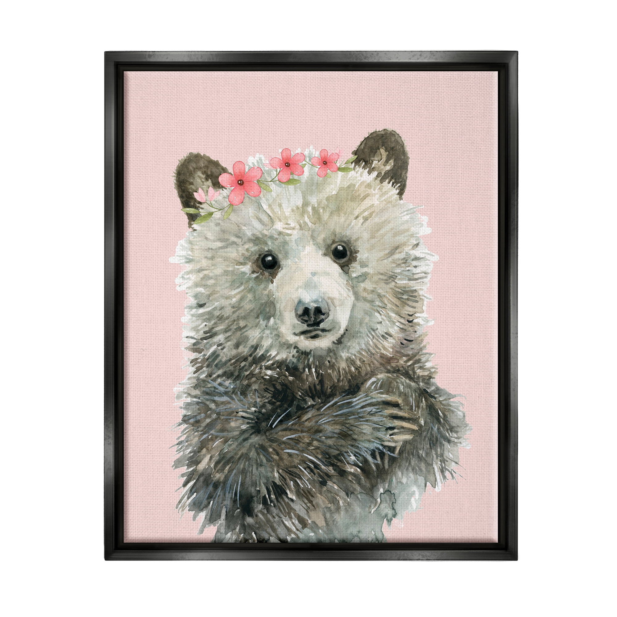 Stupell Industries Fuzzy Bear with Floral Crown Animals & Insects Painting Black Floater Framed Canvas Art Print Wall Art, 17 x 21