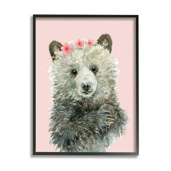 Stupell Industries Fuzzy Bear with Floral Crown Animals & Insects Painting Black Framed Art Print Wall Art, 11 x 14