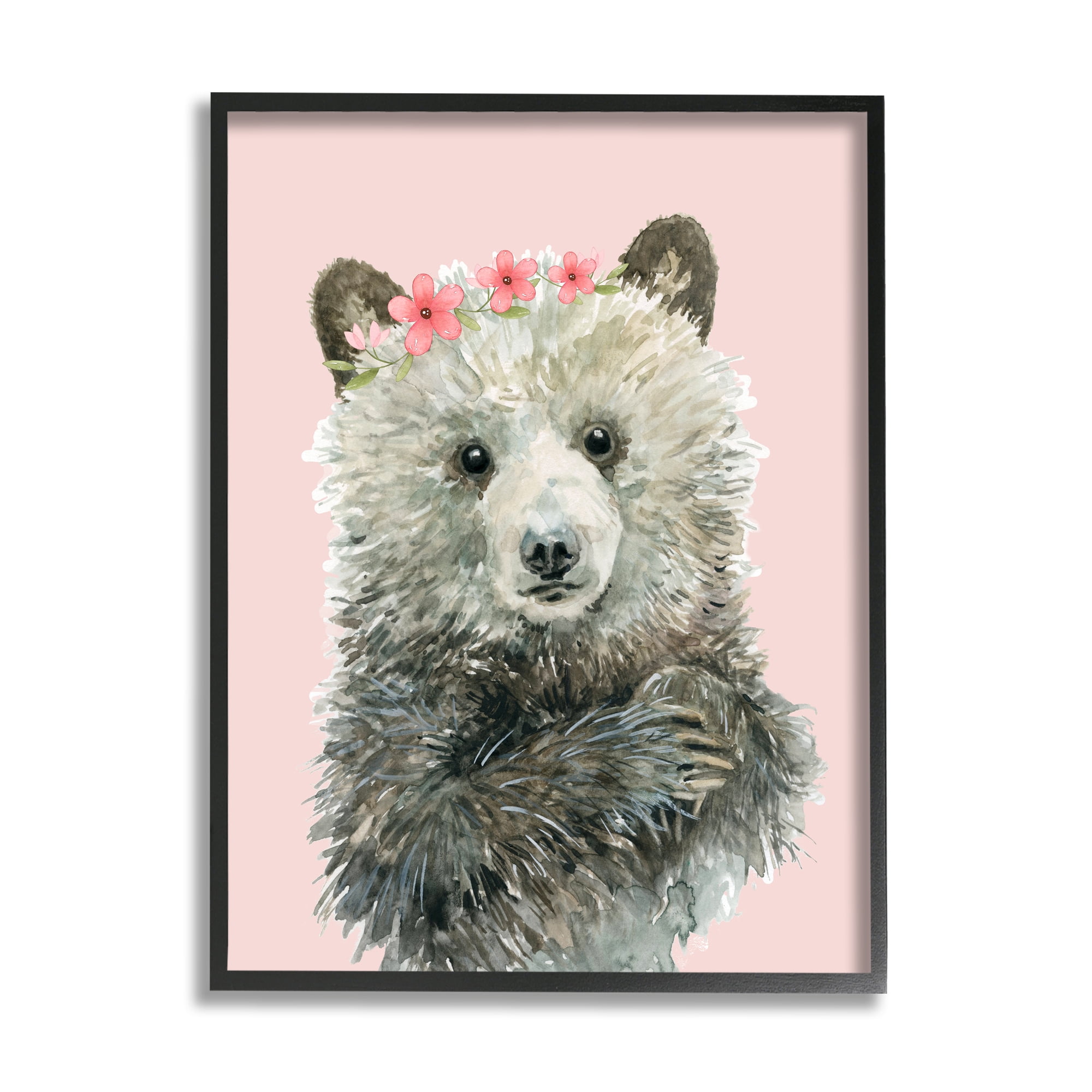 Stupell Industries Fuzzy Bear with Floral Crown Animals & Insects Painting Black Framed Art Print Wall Art, 24 x 30