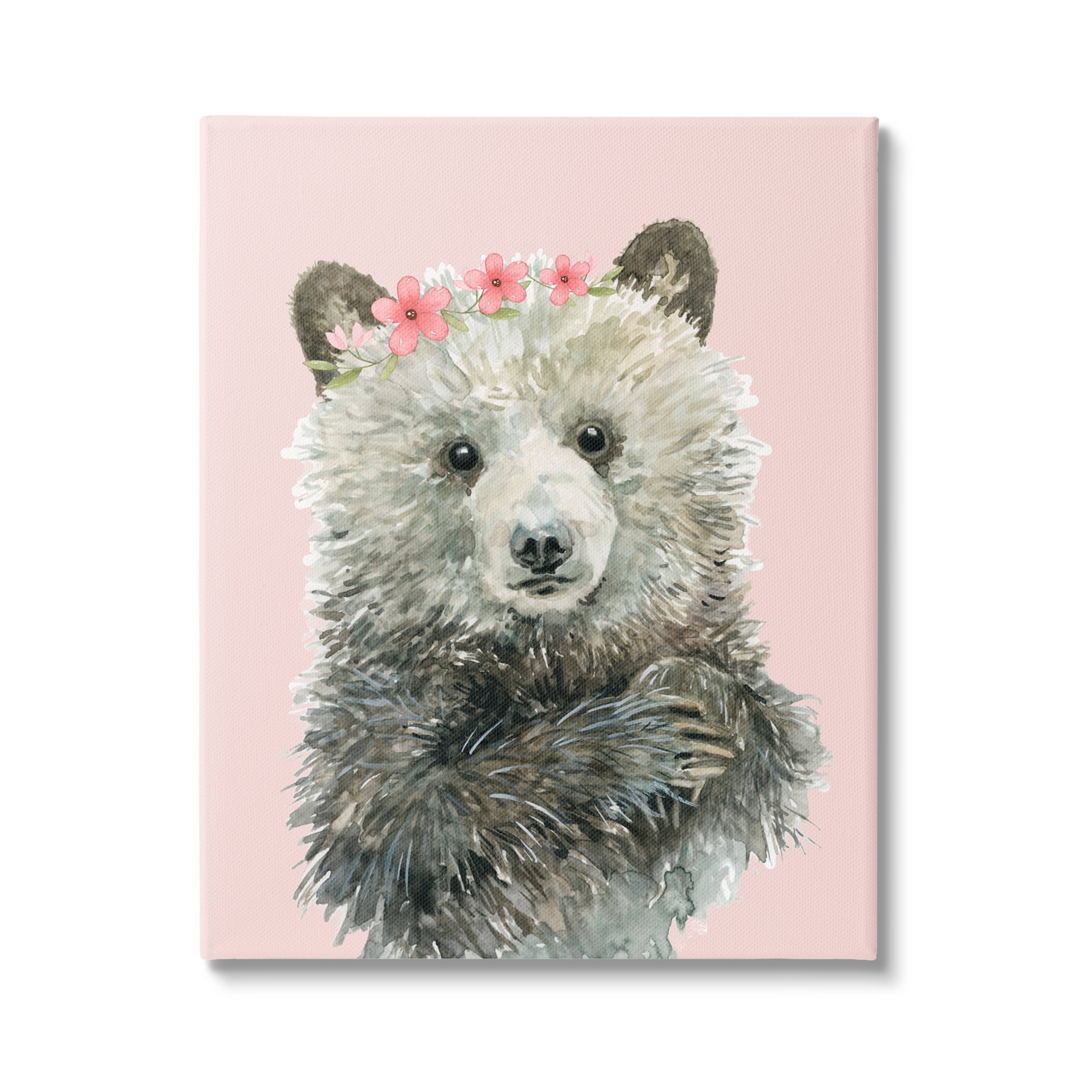 Stupell Industries Fuzzy Bear with Floral Crown Animals & Insects Painting Gallery Wrapped Canvas Art Print Wall Art, 16 x 20