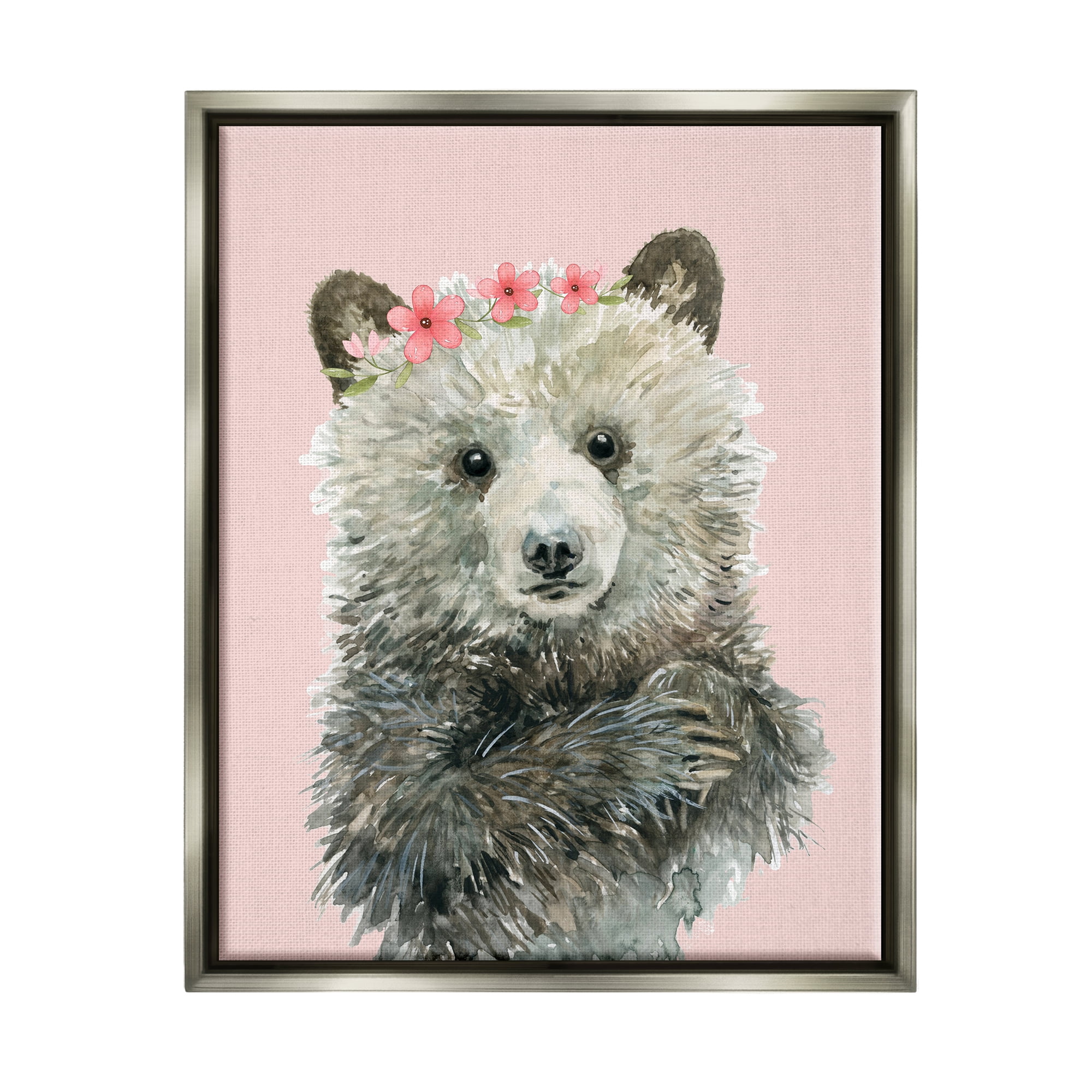 Stupell Industries Fuzzy Bear with Floral Crown Animals & Insects Painting Gray Floater Framed Canvas Art Print Wall Art, 17 x 21