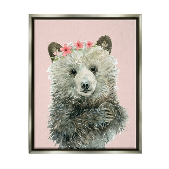 Stupell Industries Fuzzy Bear with Floral Crown Animals & Insects Painting Gray Floater Framed Canvas Art Print Wall Art, 25 x 31