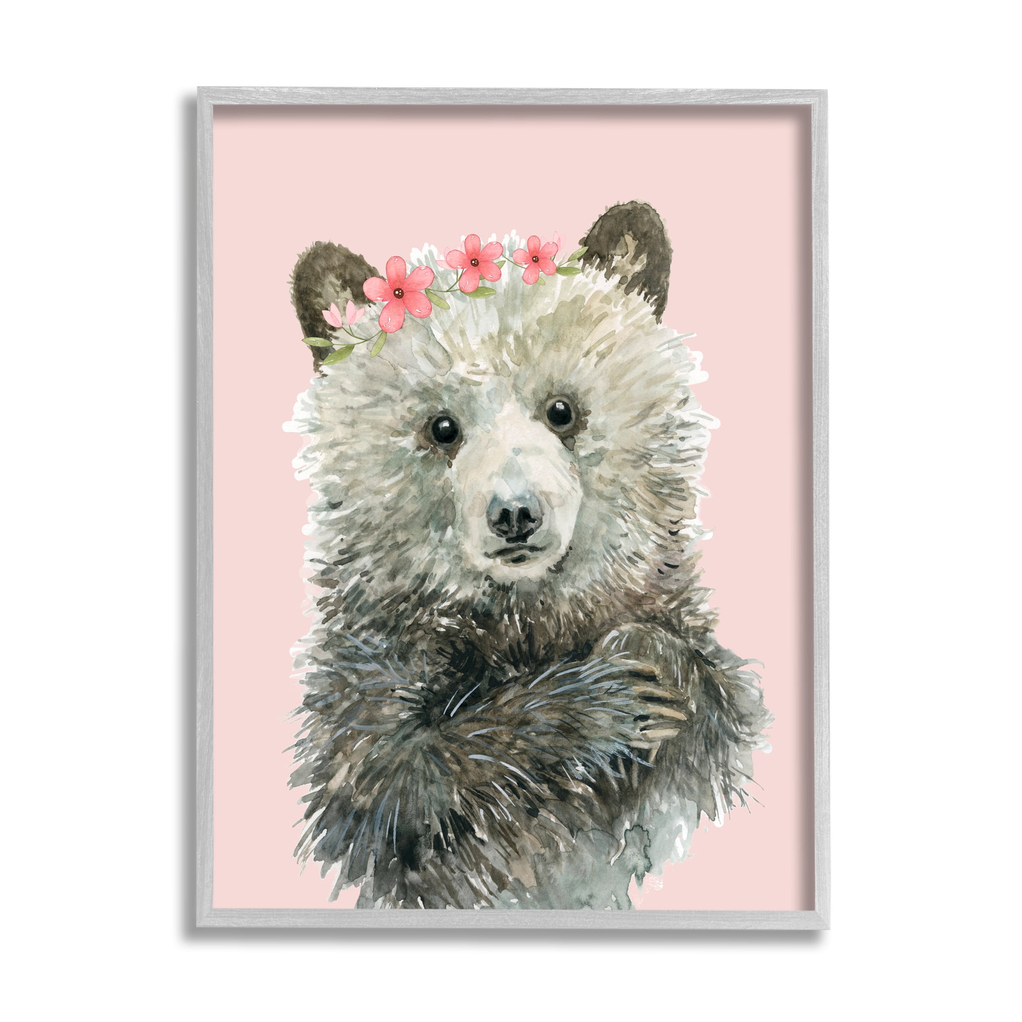 Stupell Industries Fuzzy Bear with Floral Crown Animals & Insects Painting Gray Framed Art Print Wall Art, 16 x 20