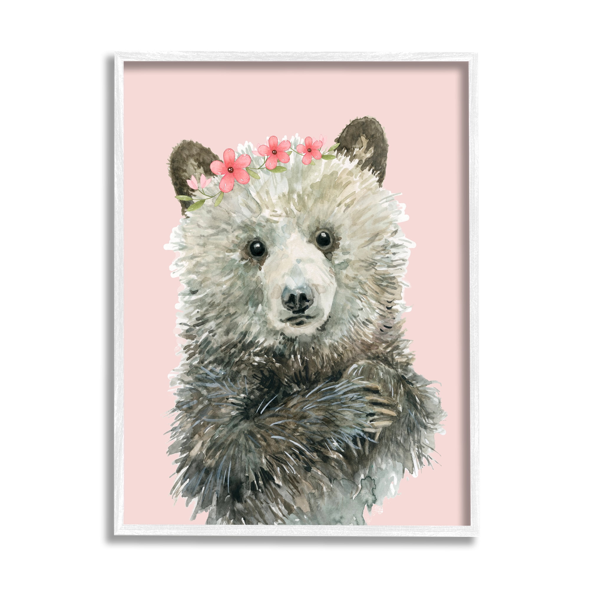 Stupell Industries Fuzzy Bear with Floral Crown Animals & Insects Painting White Framed Art Print Wall Art, 16 x 20