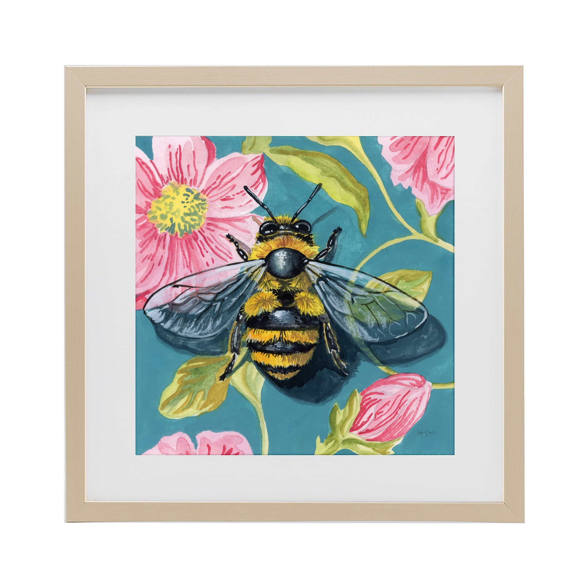 Stupell Industries Fuzzy Bee On Floral Pattern Birch Framed Print Under Glass, design by Kate Jarvik Birch