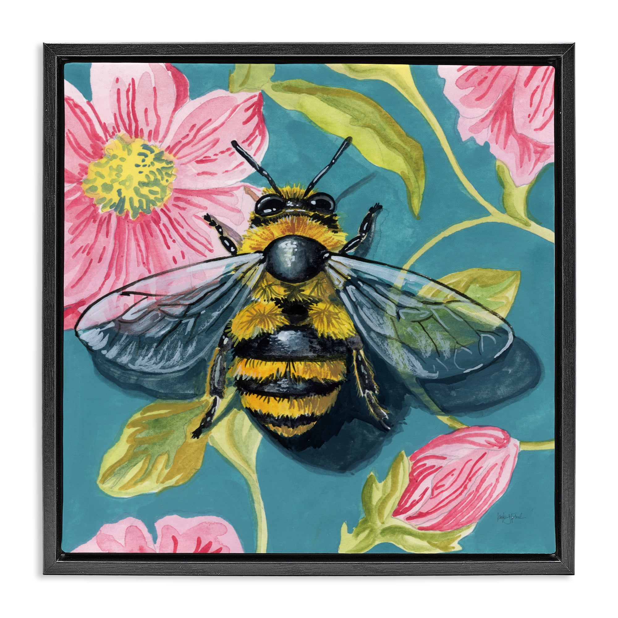 Stupell Industries Fuzzy Bee On Floral Pattern Black Framed Floater Canvas Wall Art, design by Kate Jarvik Birch