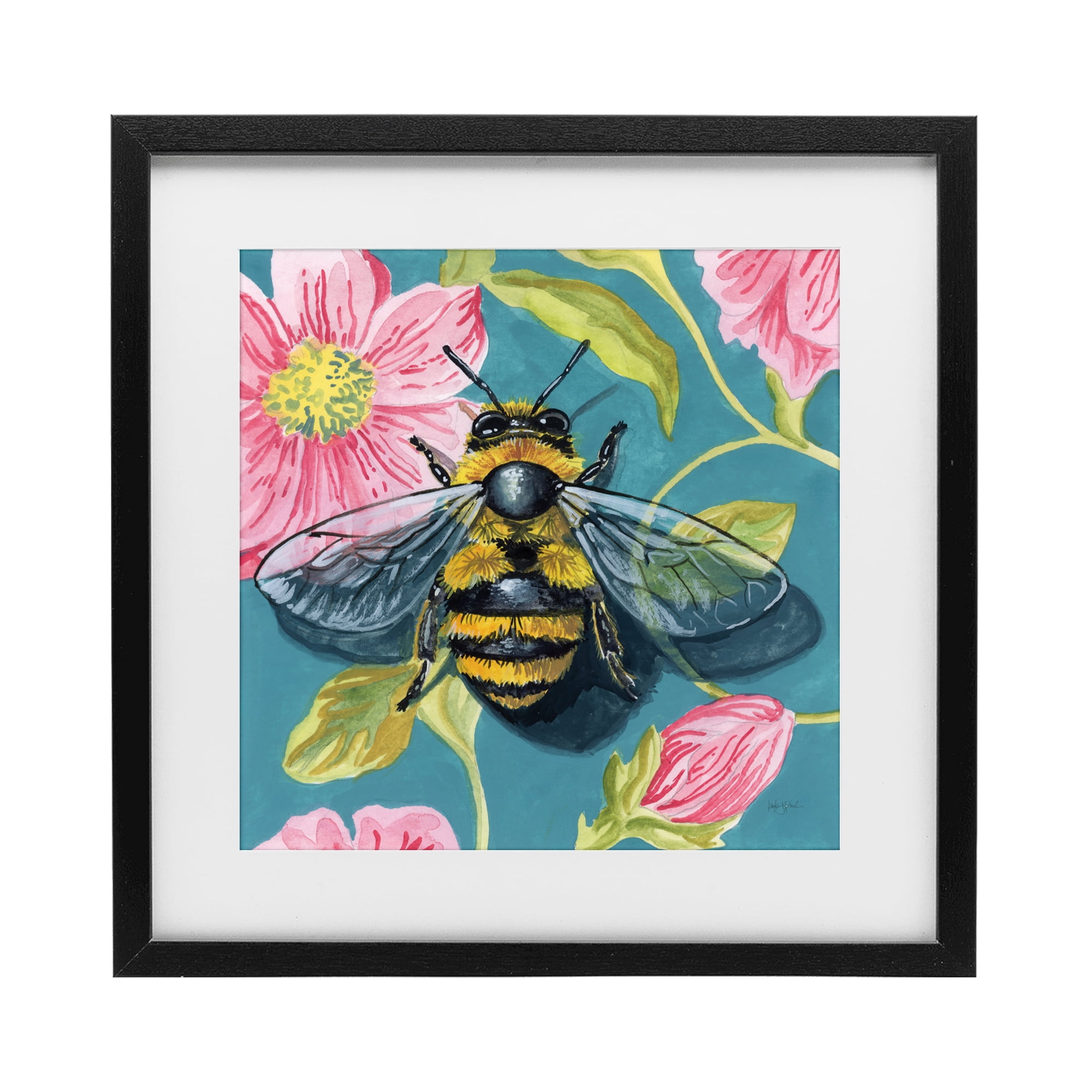 Stupell Industries Fuzzy Bee On Floral Pattern Black Framed Print Under Glass, design by Kate Jarvik Birch
