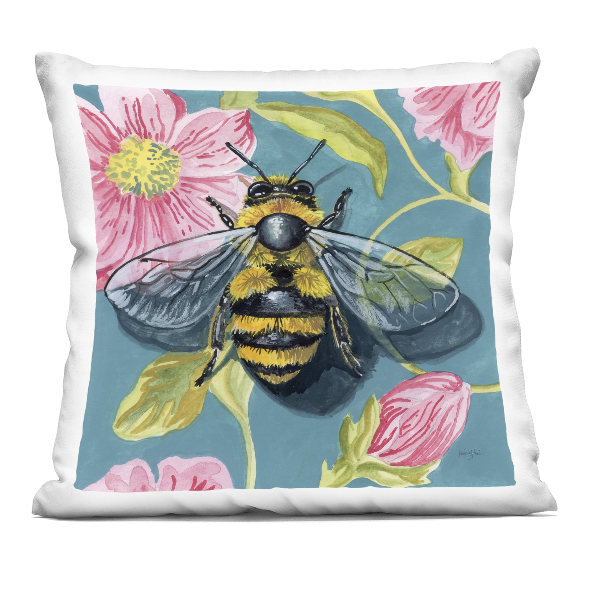 Stupell Industries Fuzzy Bee On Floral Pattern Decorative Printed Throw Pillow, design by Kate Jarvik Birch