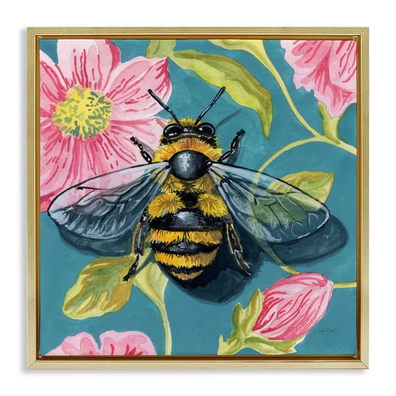 Stupell Industries Eclectic Fuzzy Bee On Floral Pattern Gold Floating Frame Canvas Art, 18 x 18, by Kate Jarvik Birch