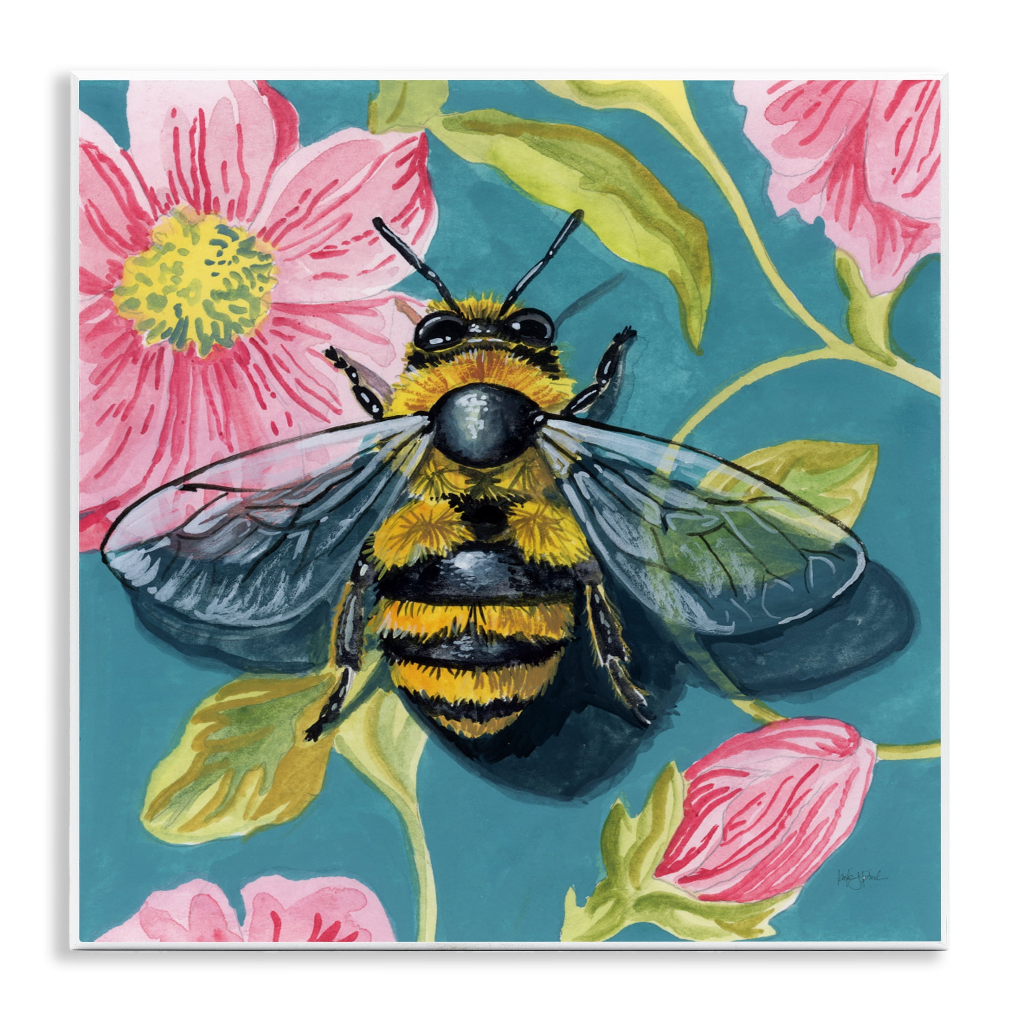 Stupell Industries Fuzzy Bee On Floral Pattern Wall Plaque Art, design by Kate Jarvik Birch