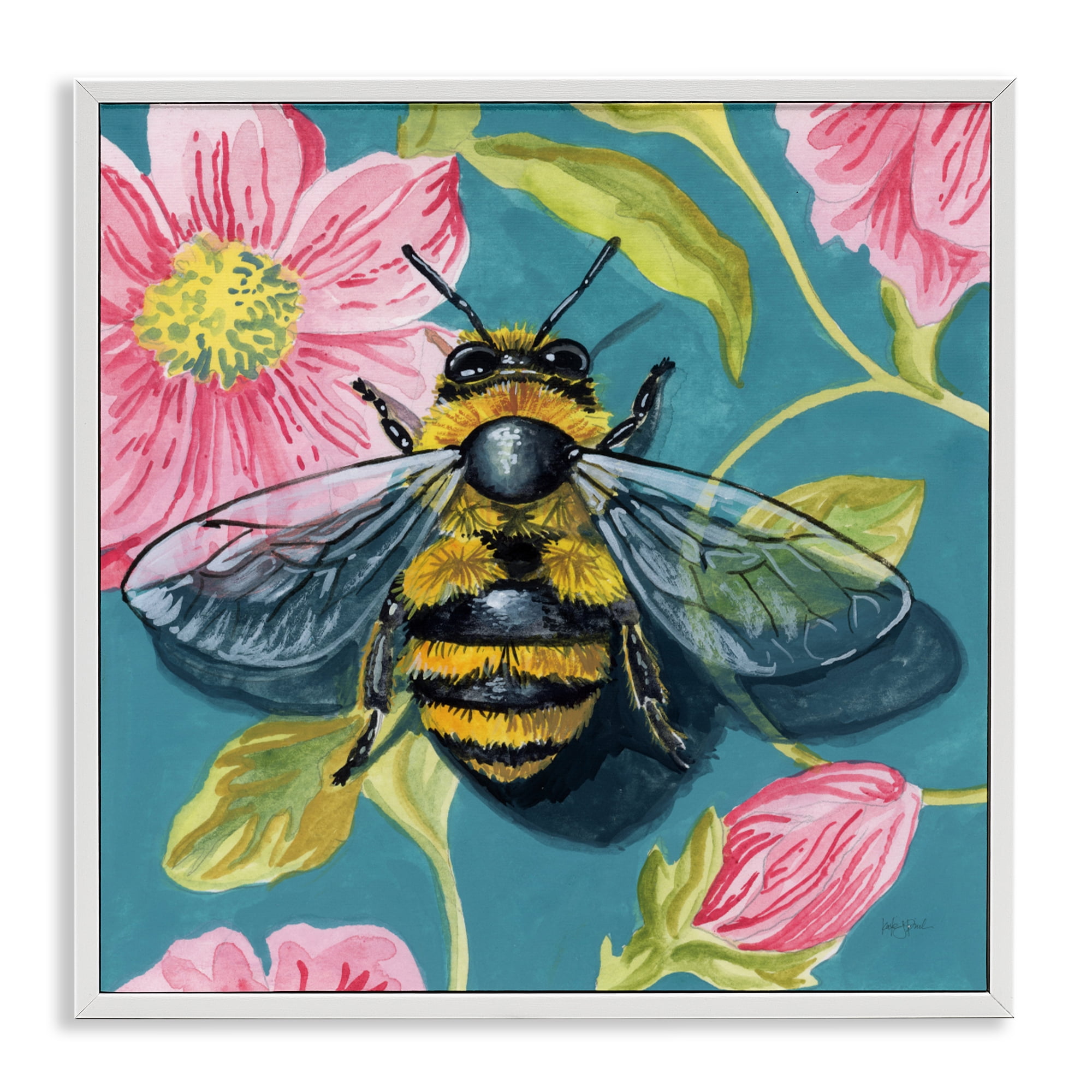 Stupell Industries Fuzzy Bee On Floral Pattern White Framed Giclee Art, design by Kate Jarvik Birch