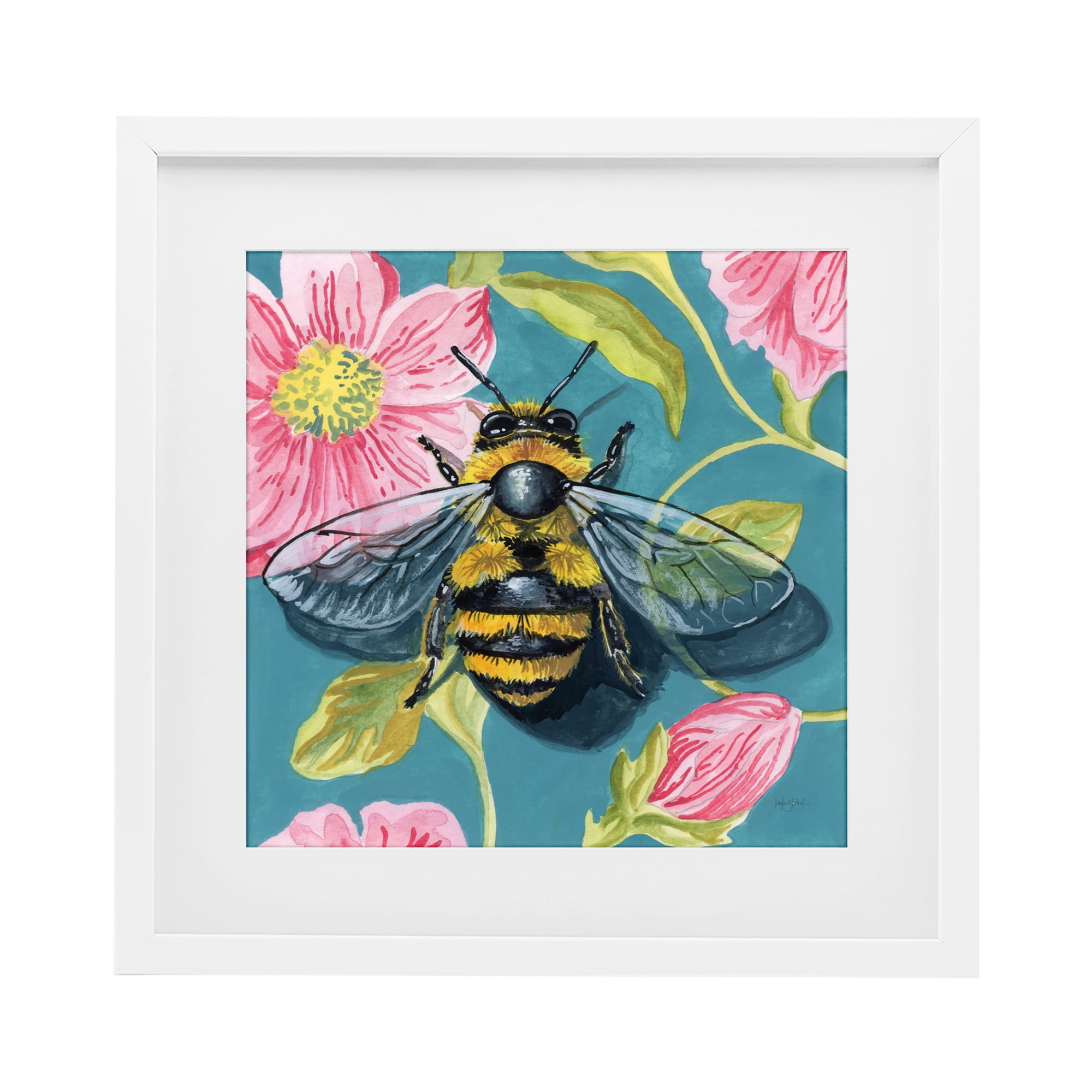 Stupell Industries Fuzzy Bee On Floral Pattern White Framed Print Under Glass, design by Kate Jarvik Birch