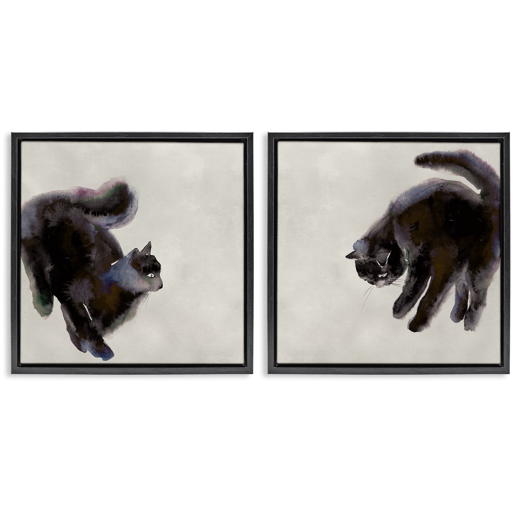 Stupell Industries Fuzzy Black Cats on Beige Animals Painting Black Floater Framed Canvas Art Print Wall Art, 18 x 18, Set of 2
