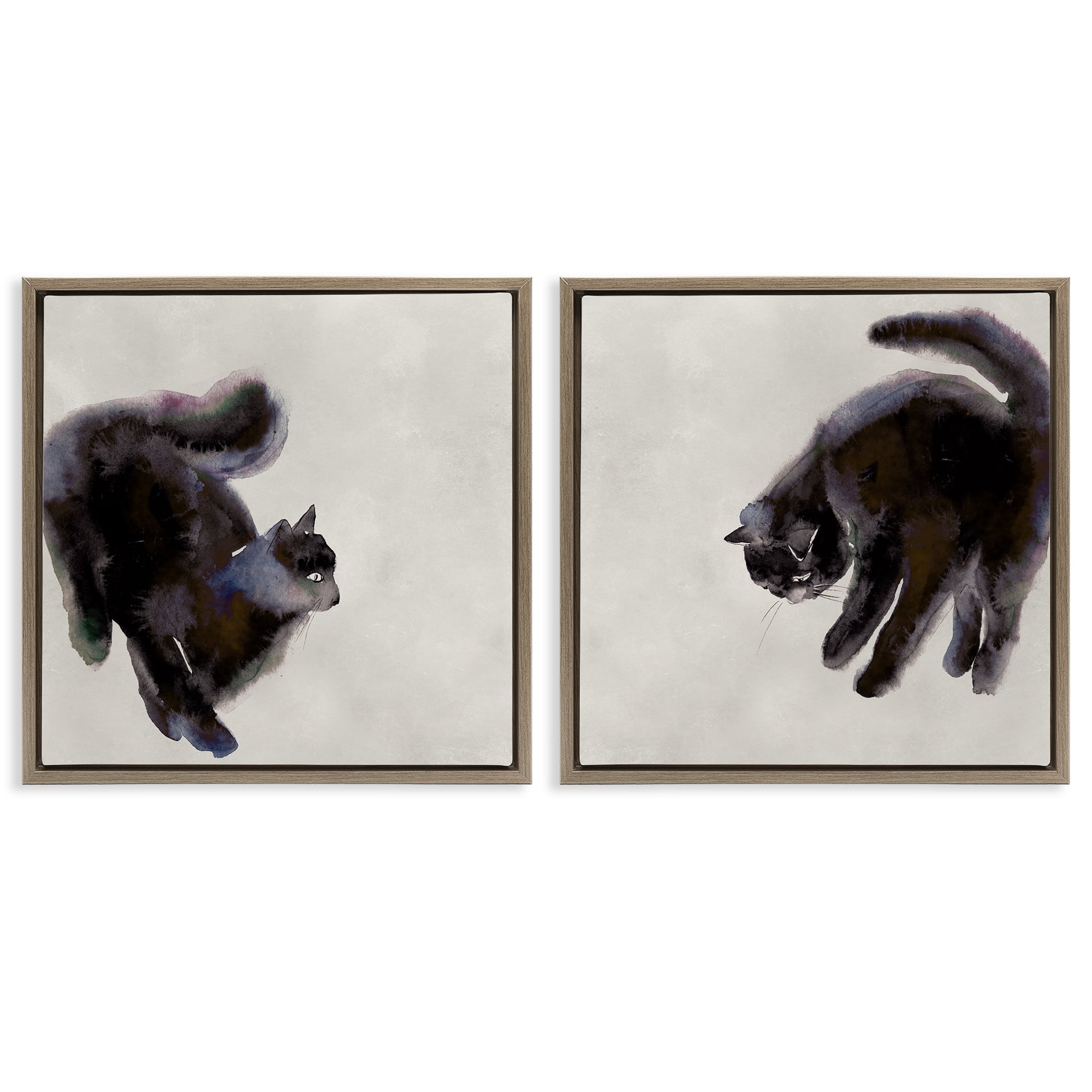Stupell Industries Fuzzy Black Cats on Beige Animals Painting Brown Floater Framed Canvas Art Print Wall Art, 18 x 18, Set of 2