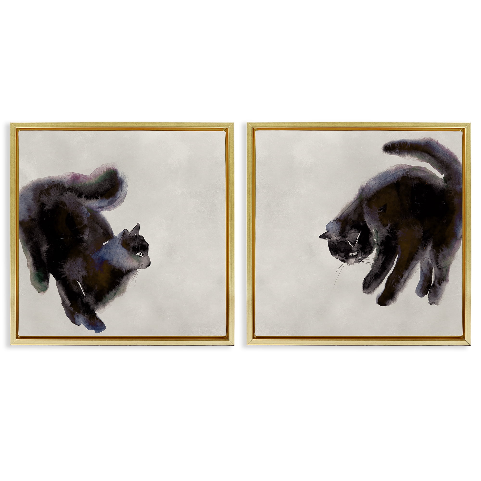 Stupell Industries Fuzzy Black Cats on Beige Animals Painting Gold Floater Framed Canvas Art Print Wall Art, 18 x 18, Set of 2