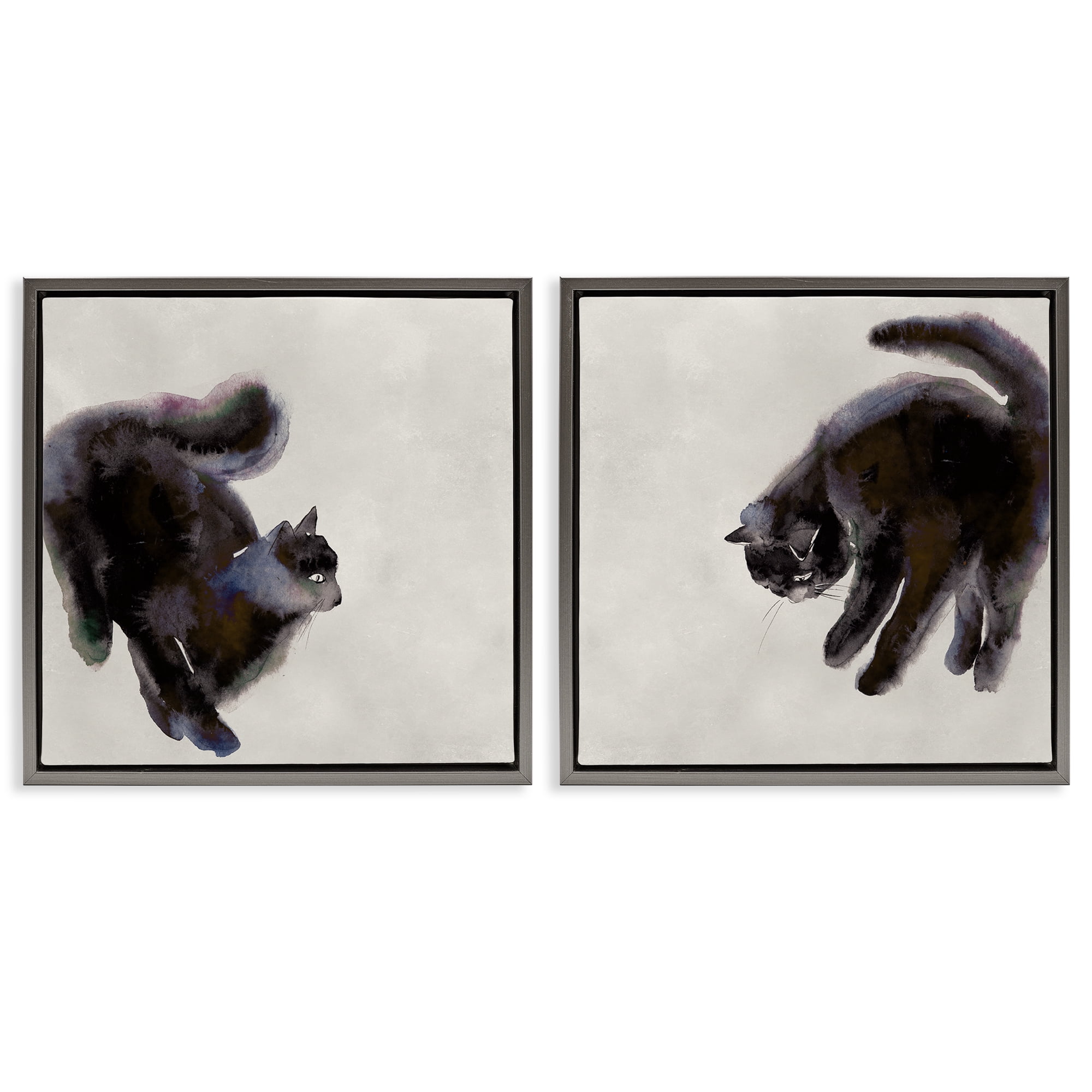 Stupell Industries Fuzzy Black Cats on Beige Animals Painting Gray Floater Framed Canvas Art Print Wall Art, 18 x 18, Set of 2