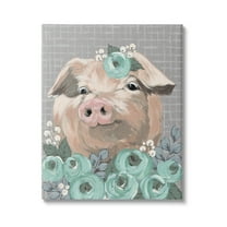 Stupell Industries Fuzzy Pig Surrounded Turquoise Flower Arrangement Pattern Painting Gallery Wrapped Canvas Print Wall Art, Design by Michele Norman
