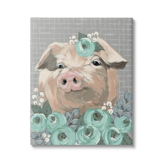 Stupell Industries Fuzzy Pig Surrounded Turquoise Flower Arrangement Pattern Painting Gallery Wrapped Canvas Print Wall Art, Design by Michele Norman